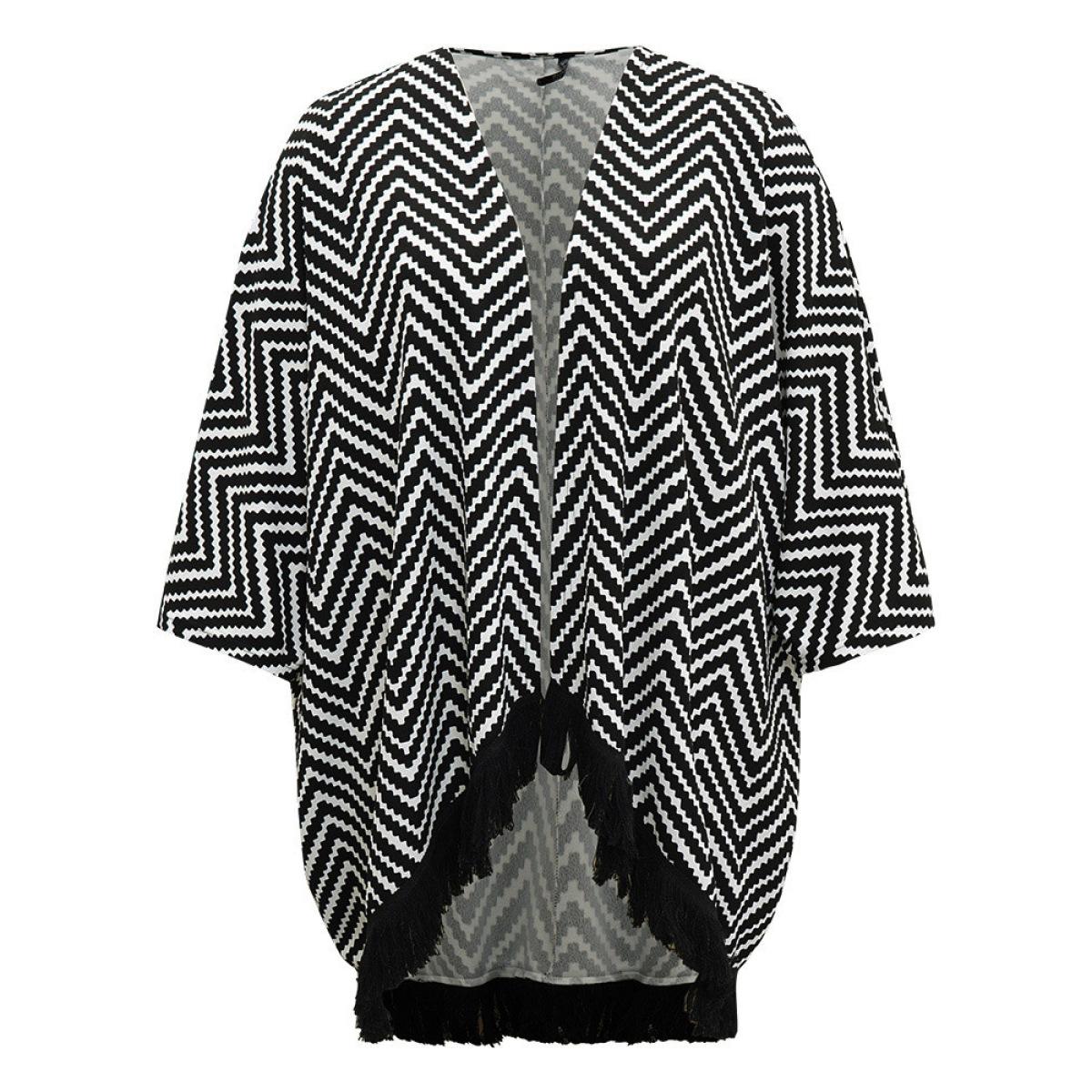 Plus Size Halloween Geometric Tassel Trim Dolman Sleeve Kimono Women Black Casual Tassels Loose Dailywear Kimonos BloomChic 14-16/1X Product Image