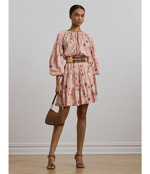 Lauren Ralph Lauren Voile Floral Print V-Neck Long Sleeves Tiered A-Line Dress Product Image