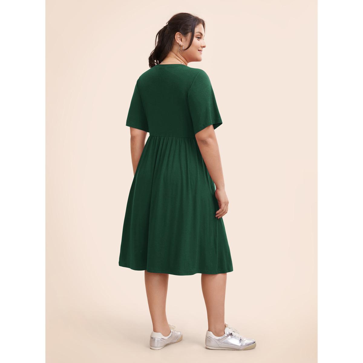 Plus Size Supersoft Essentials Solid Pleated Round Neck Midi Dress Burgundy Women Casual Plain Round Neck Short sleeve Curvy Midi Dress BloomChic 30/6X Product Image