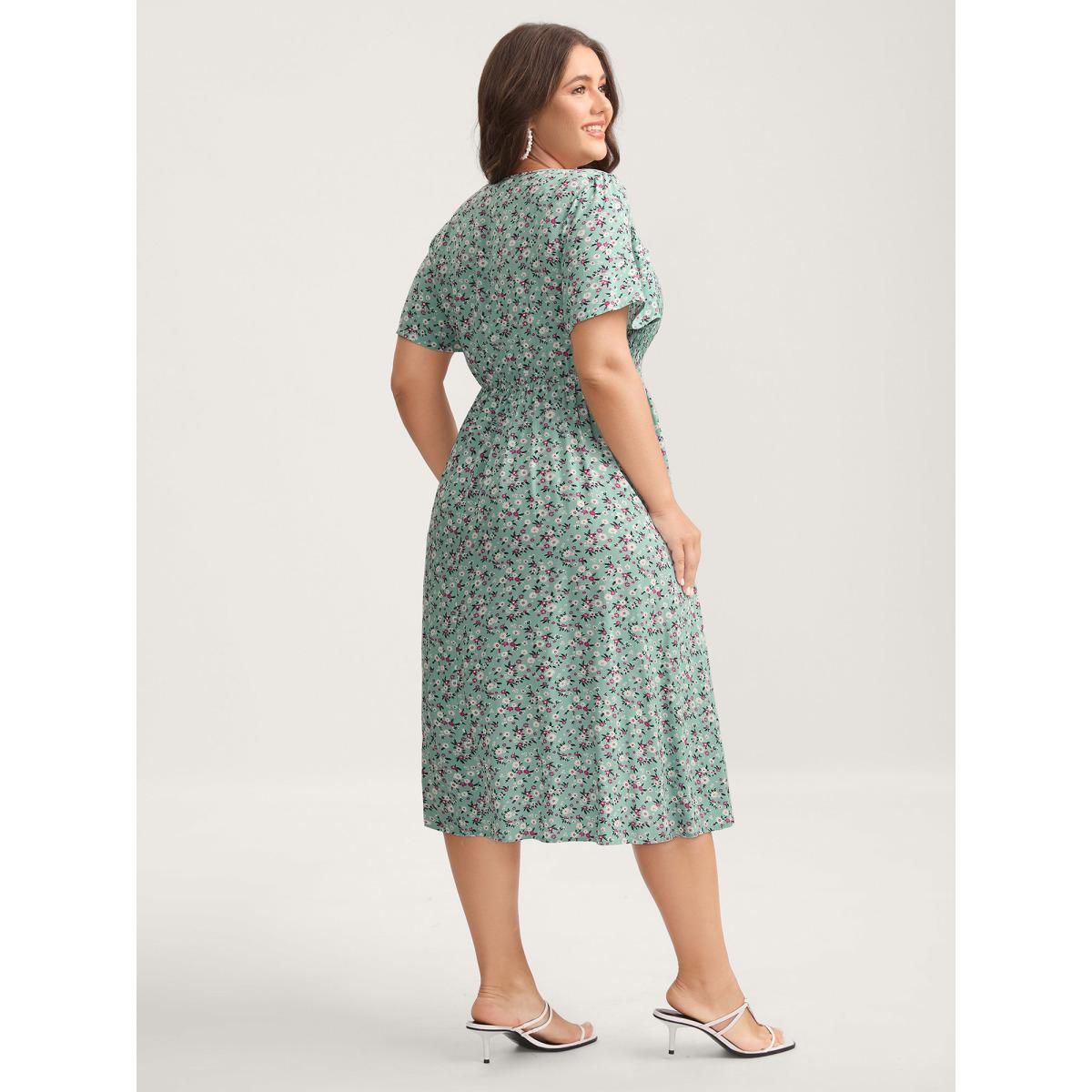 Plus Size Rayon Ditsy Floral Print Shirred Midi Dress Mint Women Square Neck Short sleeve Curvy BloomChic 22-24/3X Product Image