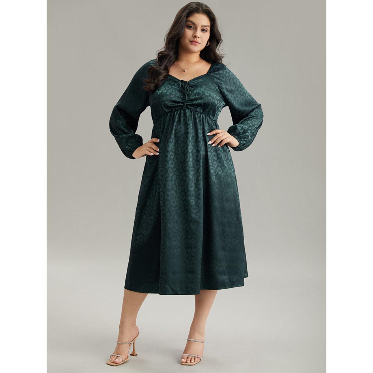 Plus Size Leopard Square Neck Elastic Waist Ties Dress Cyan Women Glamour Elastic cuffs Square Neck Long Sleeve Curvy Midi Dress BloomChic 26/4X Product Image