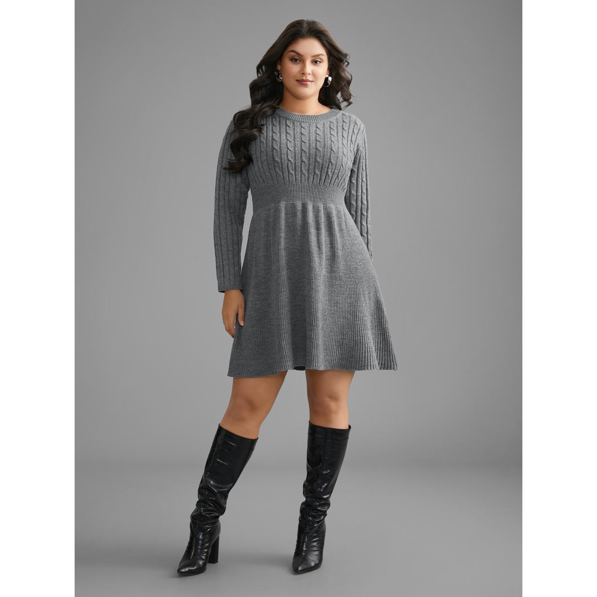 Plus Size Cable Knit Fit-and-Flare Midi Sweater Dress DarkGray Women Timeless Bodycon Long Sleeve Elegant Sweater Dresses BloomChic 10/M Product Image