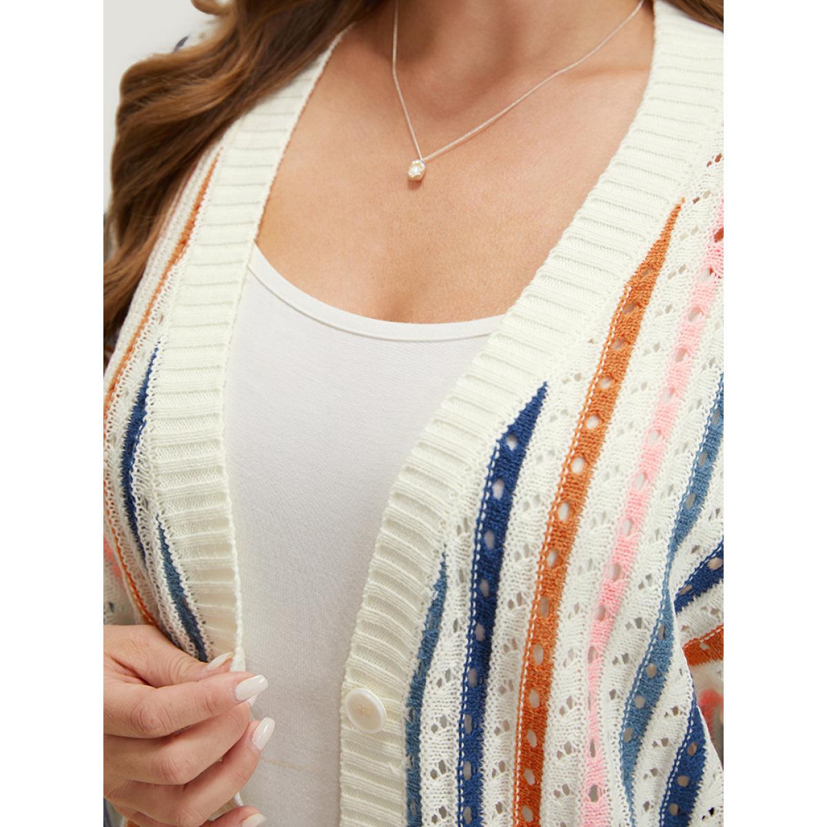 Plus Size Rainbow Striped Button Through Eyelet Cardigan Multicolor Women Casual Loose Long Sleeve Dailywear Cardigans BloomChic 26/4X Product Image