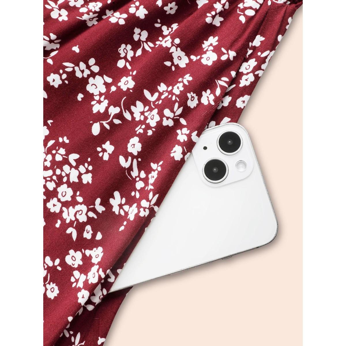 Plus Size Ditsy Floral Split Hem Puff Sleeve Dress Crimson Women Elegant Tie knot Square Neck Short sleeve Curvy BloomChic 26/4X Product Image