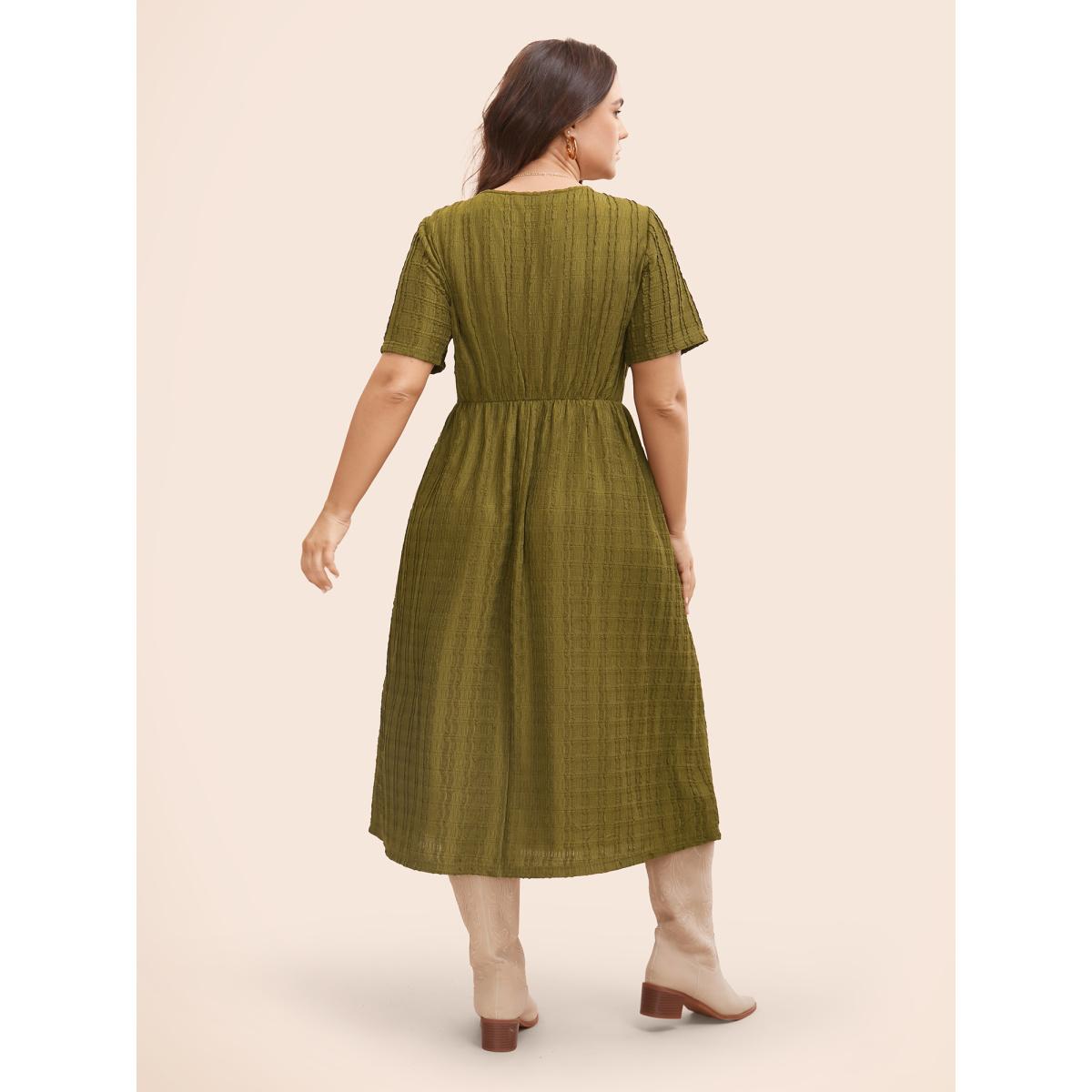 Plus Size Solid Textured Crew Neck Midi Dress DarkGreen Women Elegant Tucked seam Round Neck Short sleeve Curvy BloomChic 22-24/3X Product Image