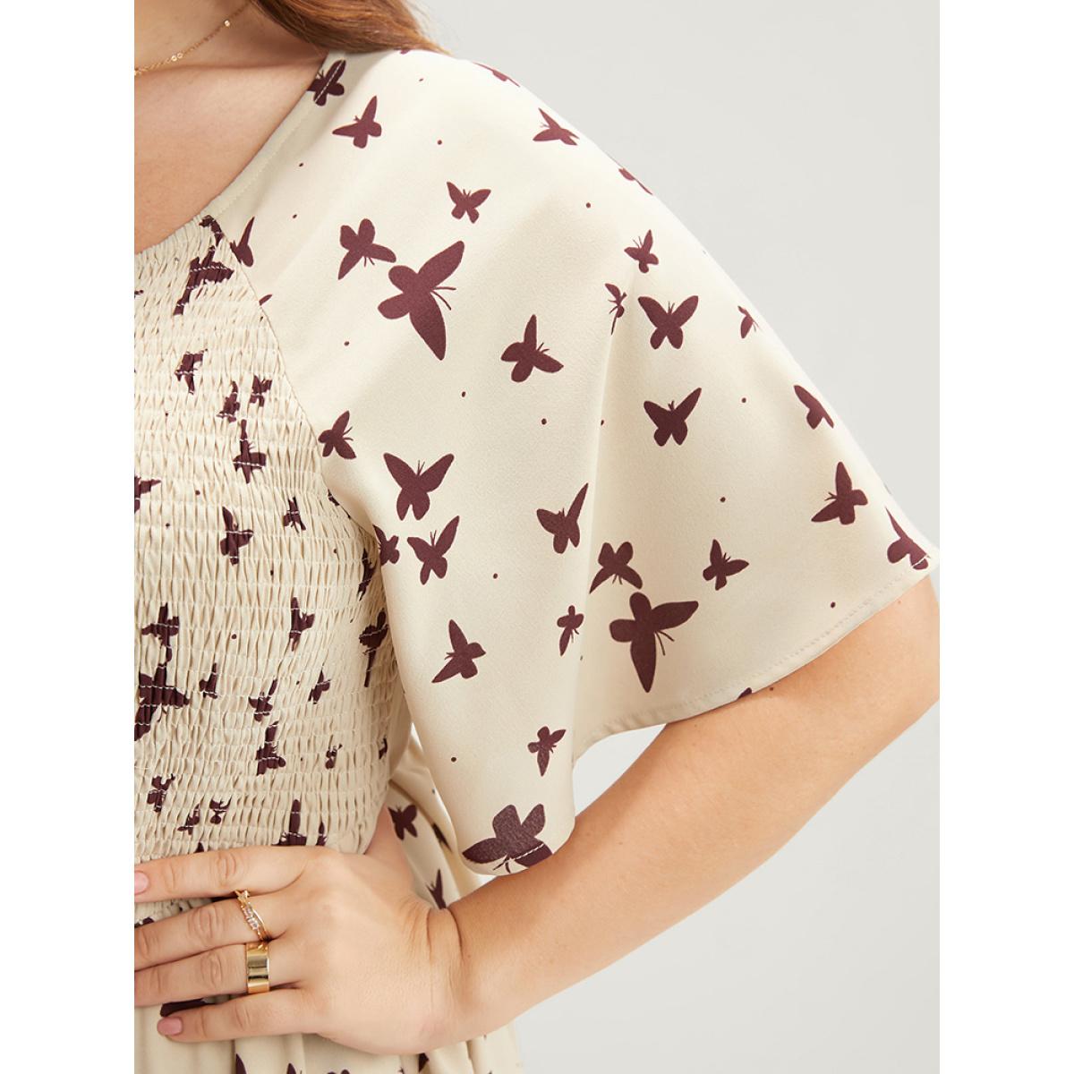 Plus Size Butterfly Print Shirred Raglan Sleeve Pocket Flutter Dress Apricot Women Elegant Gathered Round Neck Half Sleeve Curvy Midi Dress BloomChic 22-24/3X Product Image