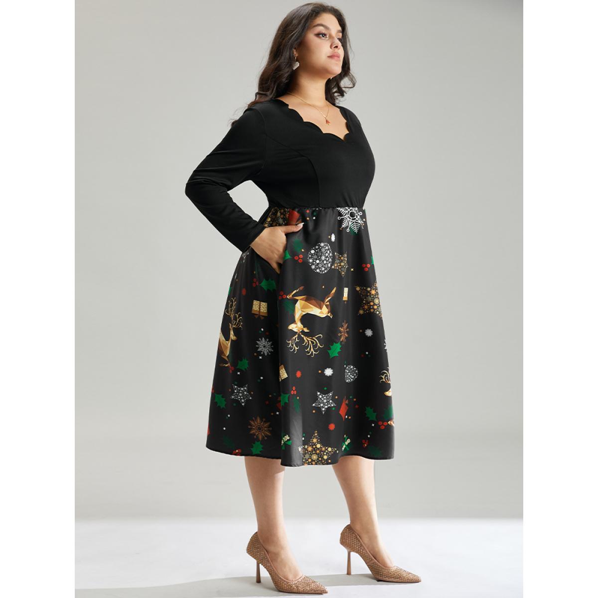 Plus Size Christmas Print Patchwork Scalloped Trim Elastic Waist Dress Black Women Glamour Printed Asymmetrical Neck Long Sleeve Curvy Midi Dress BloomChic 26/4X Product Image