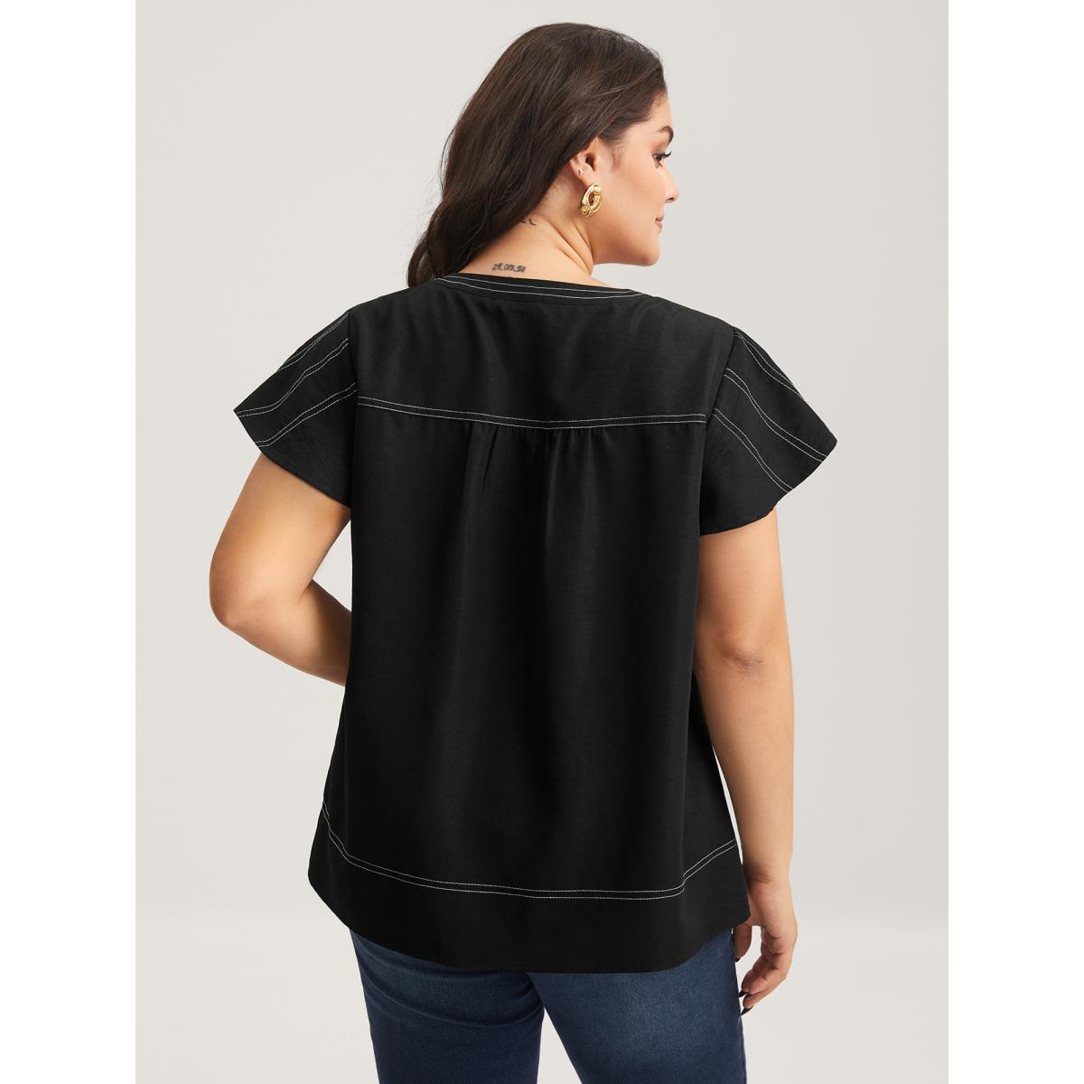 Plus Size Black Color Block Stripe Flutter Sleeve Blouse Women Cap Sleeve Notched collar Work Blouses BloomChic 14-16/1X Product Image