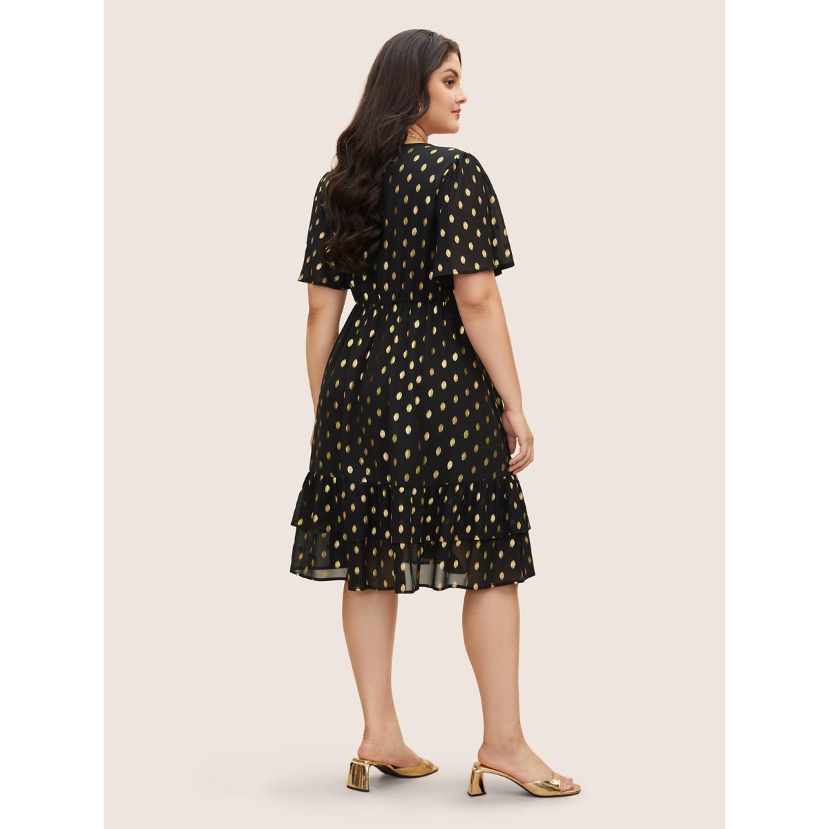 Plus Size Glitter Polka Dot Patchwork Ruffles Dress Black Women Cocktail See through Round Neck Short sleeve Curvy BloomChic 14-16/1X Product Image