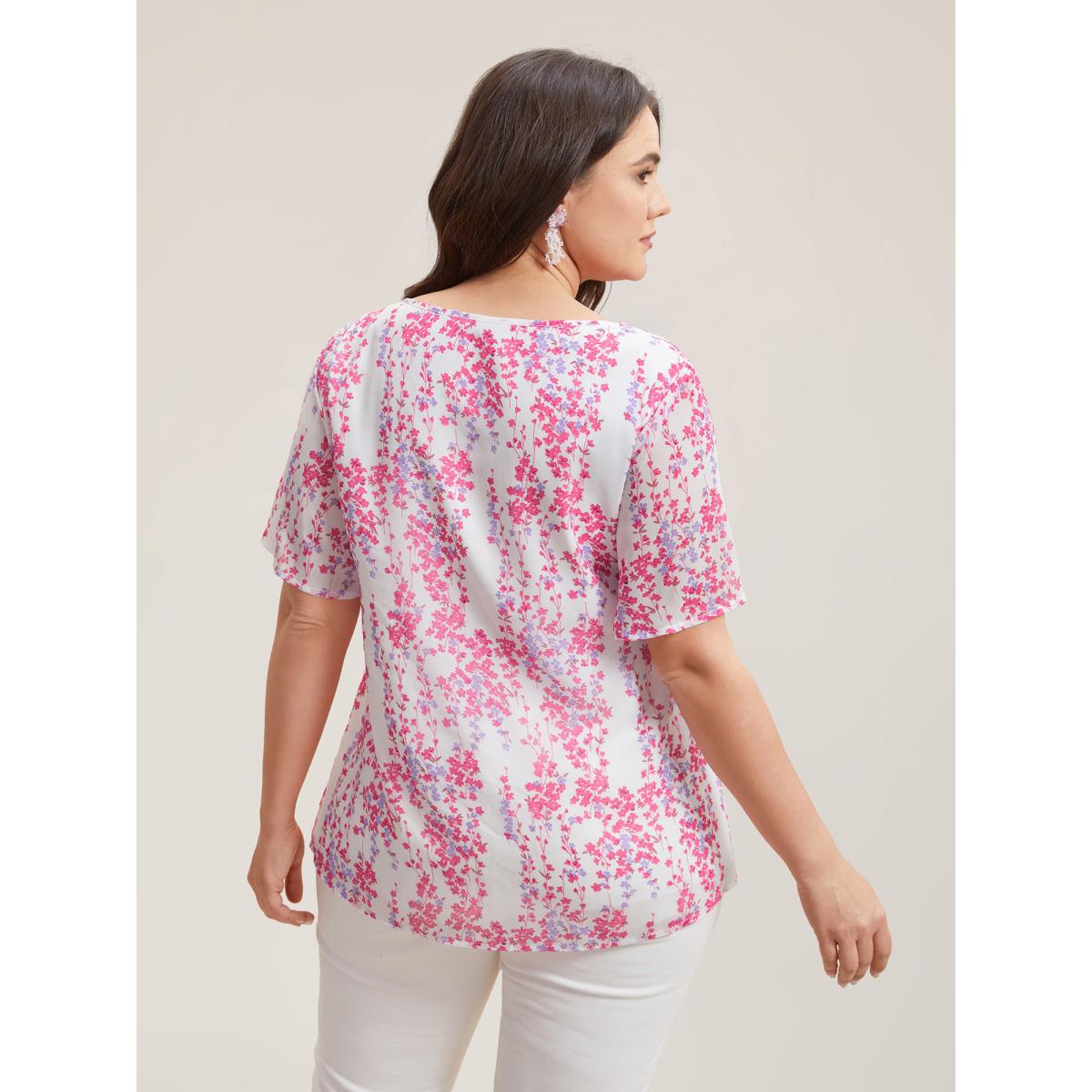 Plus Size WhiteSmoke Floral Neck Cut-Out Flutter Sleeve Shirt Women Elegant Short sleeve Round Neck Everyday Blouses BloomChic 10/M Product Image