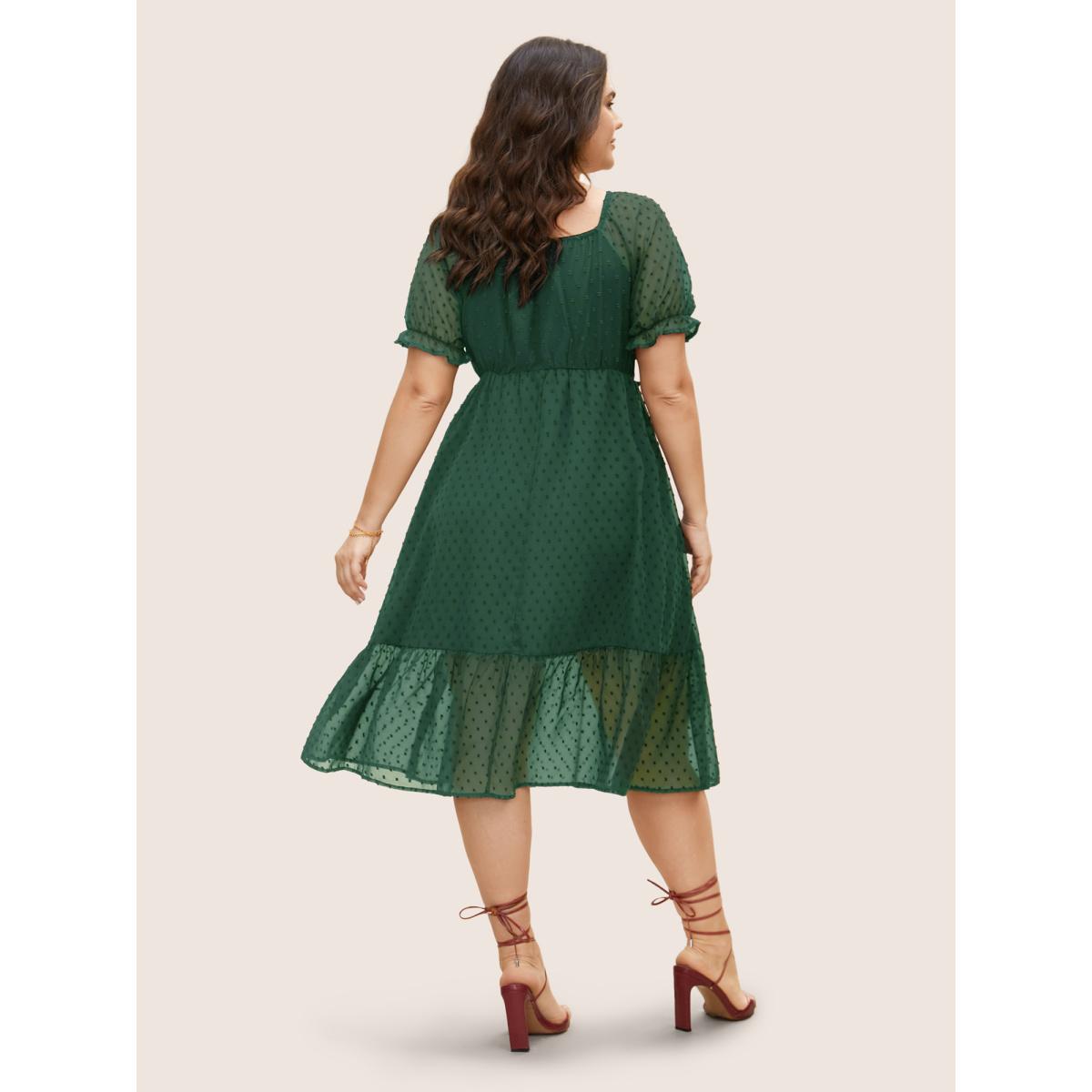 Plus Size Polka Dot Textured Mesh Shirred Drawstring Dress Burgundy Women Elegant Texture V-neck Short sleeve Curvy BloomChic 18-20/2X Product Image