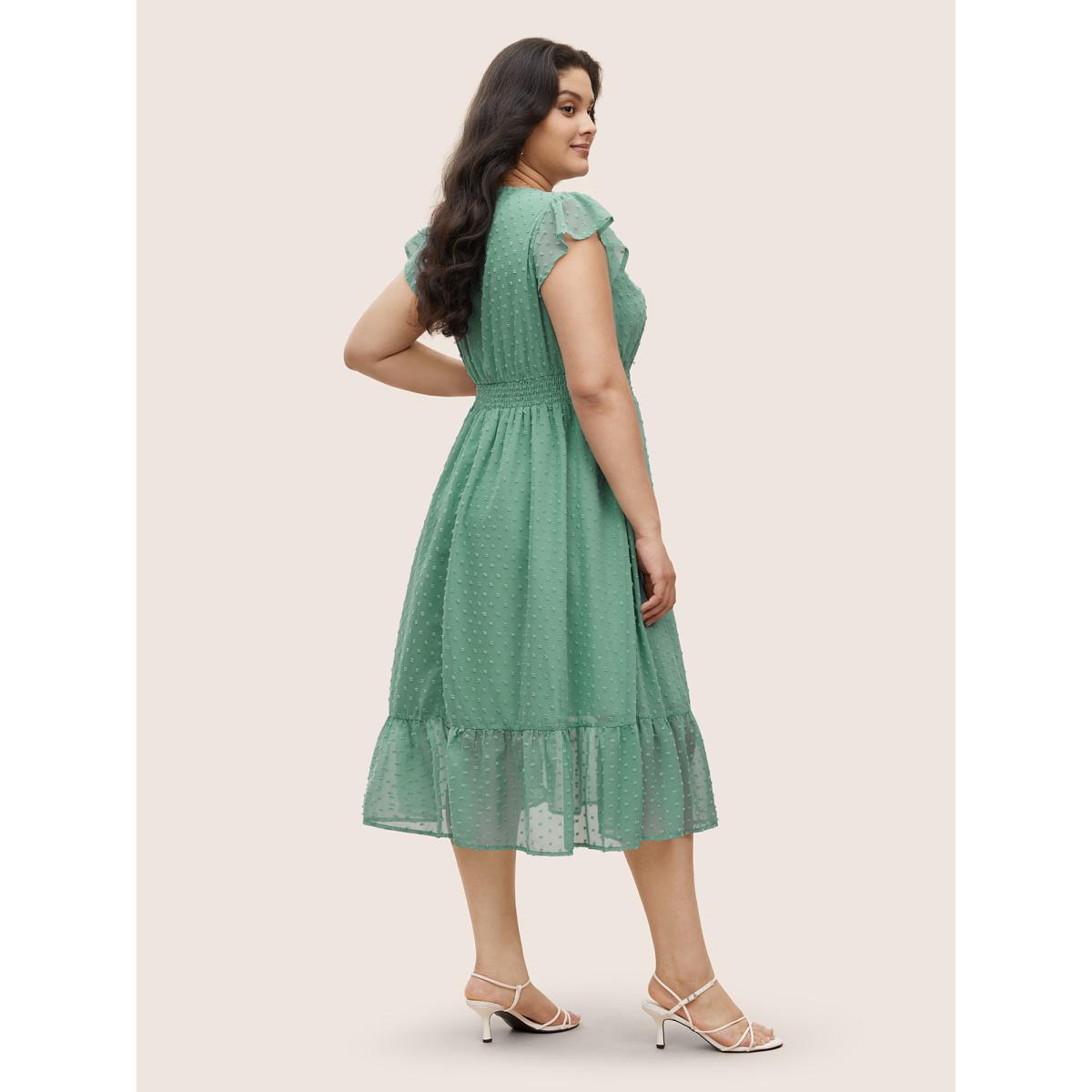 Plus Size Textured Shirred Ruffle Cap Sleeve Dress Aquamarine Women Elegant Texture Round Neck Cap Sleeve Curvy Midi Dress BloomChic 14-16/1X Product Image