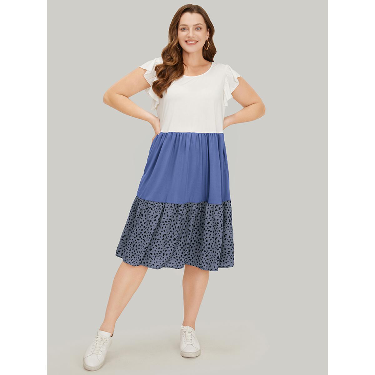 Plus Size Leopard Contrast Ruffle Trim Pocket Layered Hem Dress Stone Women Casual Patchwork Round Neck Cap Sleeve Curvy Midi Dress BloomChic 18-20/2X Product Image