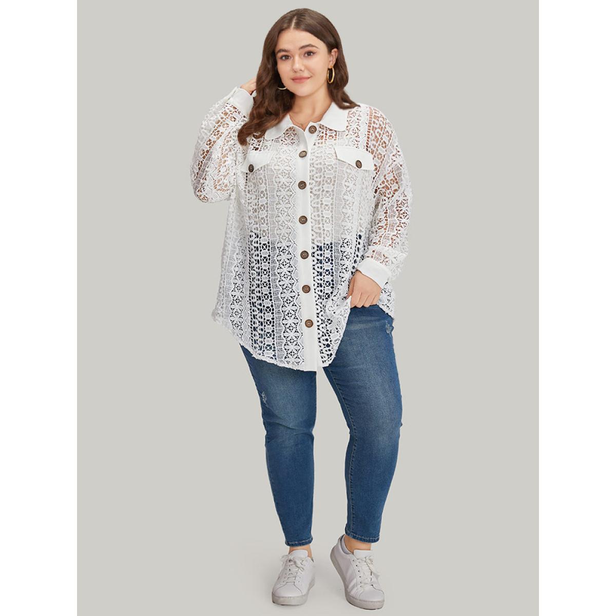 Plus Size Plain Cut Out Lace Patchwork Button Through Jacket Women White Casual Patchwork Ladies Dailywear Winter Coats BloomChic 10/M Product Image