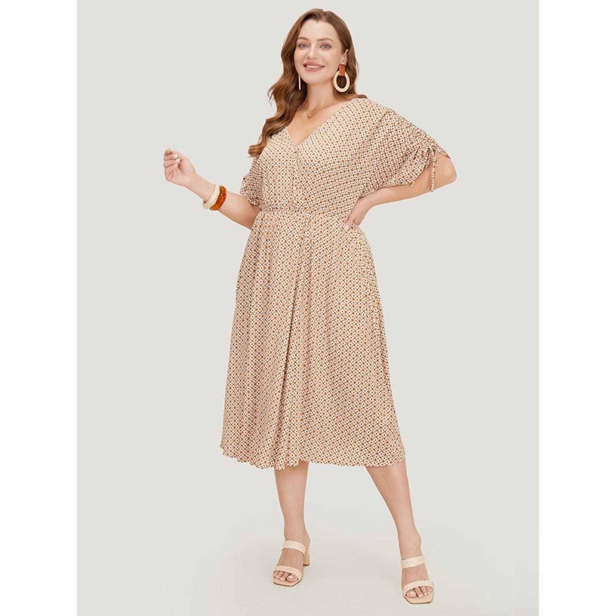 Plus Size Bandana Print Ruffles Pocket Wrap Drawstring Sleeve Dress LightBrown Women Vacation Wrap V-neck Short sleeve Curvy Midi Dress BloomChic 22-24/3X Product Image