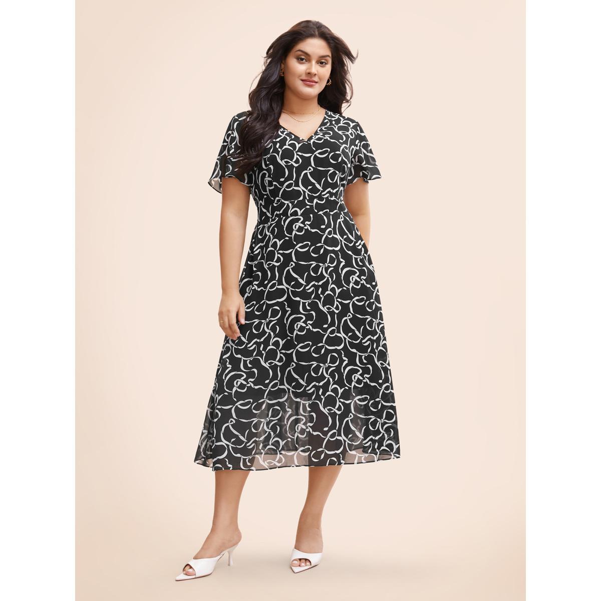 Plus Size Chiffon Bowknot Print Ruffle Sleeve Midi Dress Black Women Elegant See through V-neck Short sleeve Curvy BloomChic 10/M Product Image