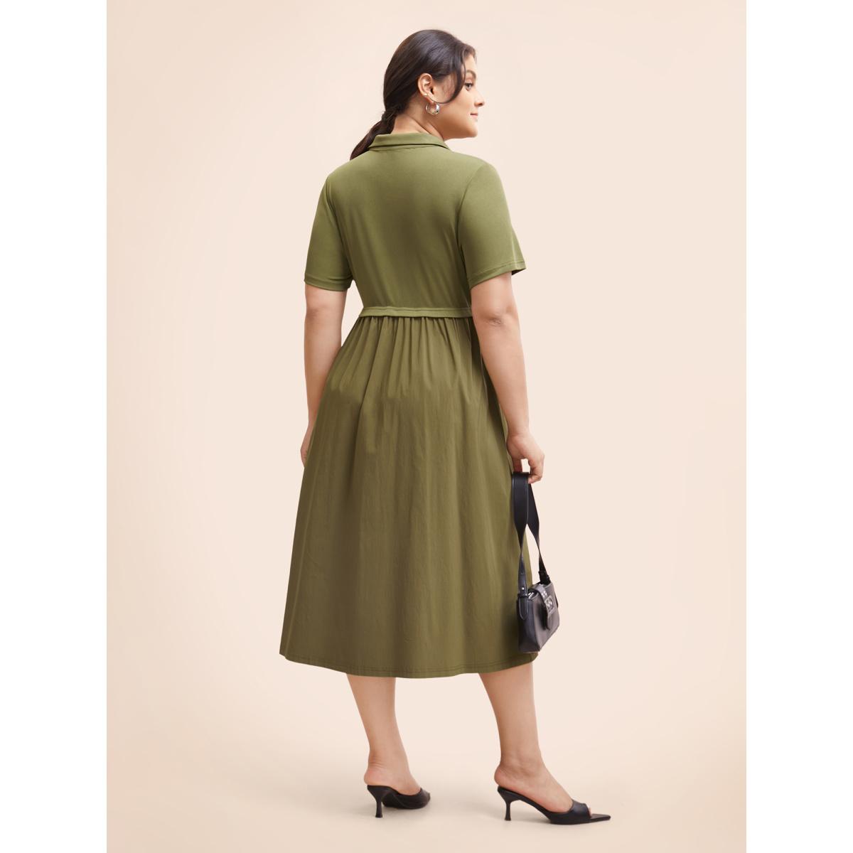Plus Size Stretch Woven Waist-Cinching Midi Dress Olive Women Work From Home Patchwork Shirt collar Short sleeve Curvy BloomChic 18-20/2X Product Image