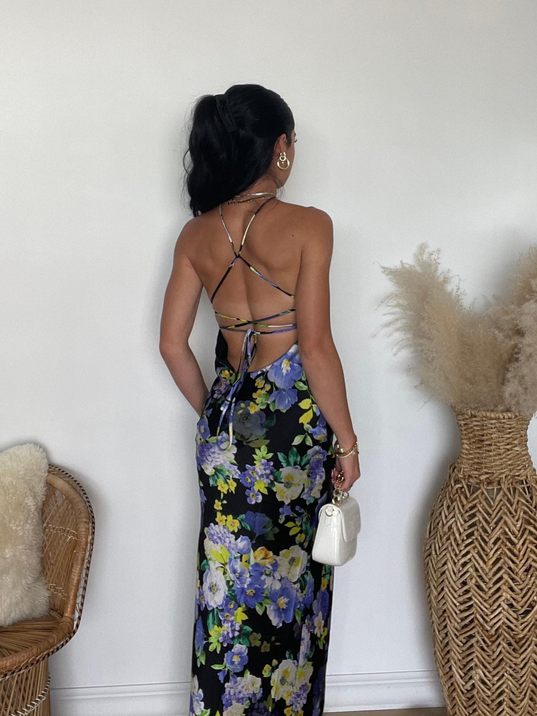 FINAL SALE Line & Dot | Bloom Halter Maxi Dress | Black Purple Multi Product Image