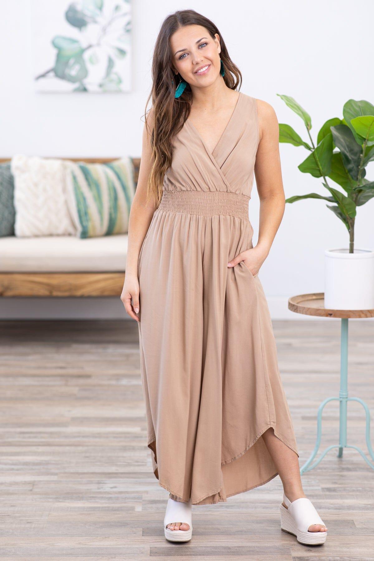 Tan Surplice Front Smocked Waist Jumpsuit Product Image
