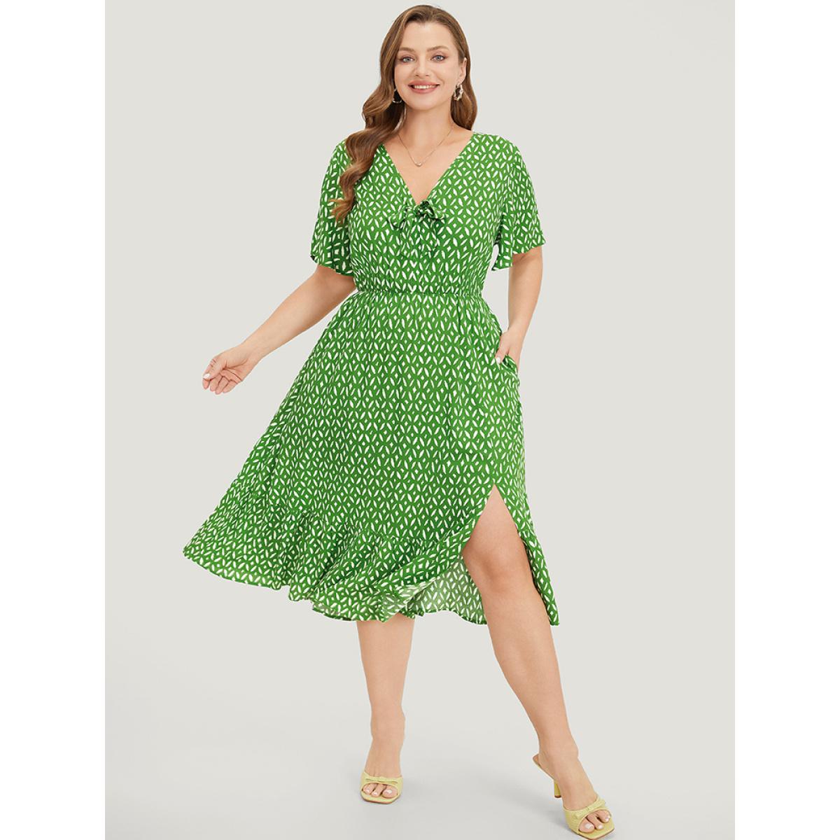 Plus Size Geometric Print Split Knot Reffles Elastic Waist Dress Green Women Elegant Knotted V-neck Short sleeve Curvy Midi Dress BloomChic 12/L Product Image