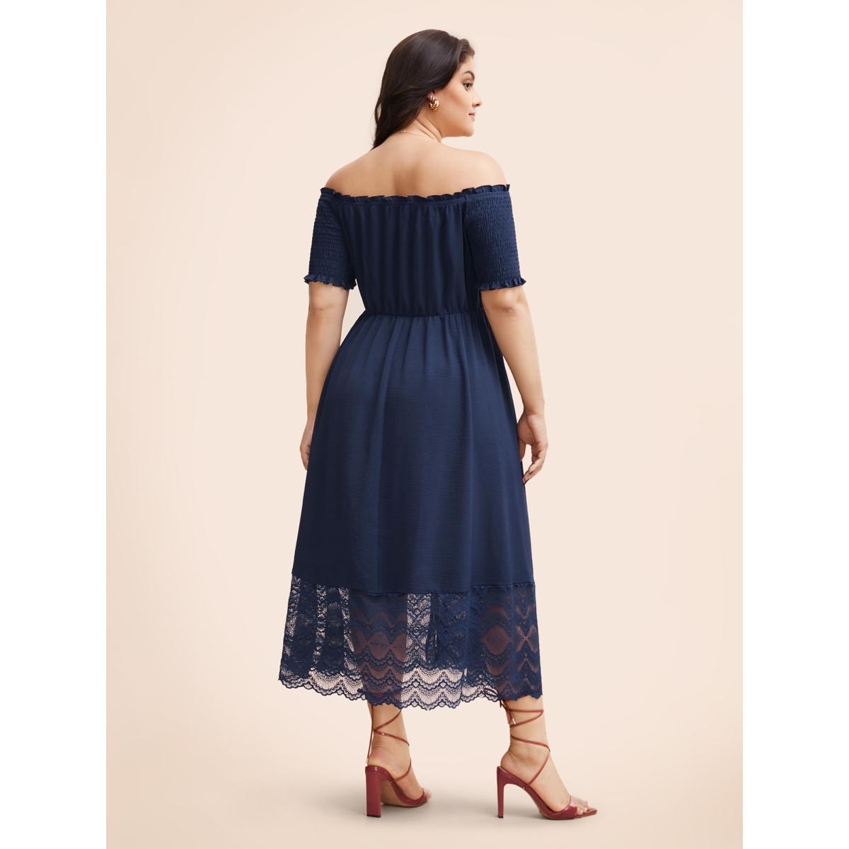 Plus Size Off Shoulder Shirred Lace Patchwork Dress Indigo Women Elegant Woven ribbon&lace trim One-shoulder neck Short sleeve Curvy BloomChic 12/L Product Image