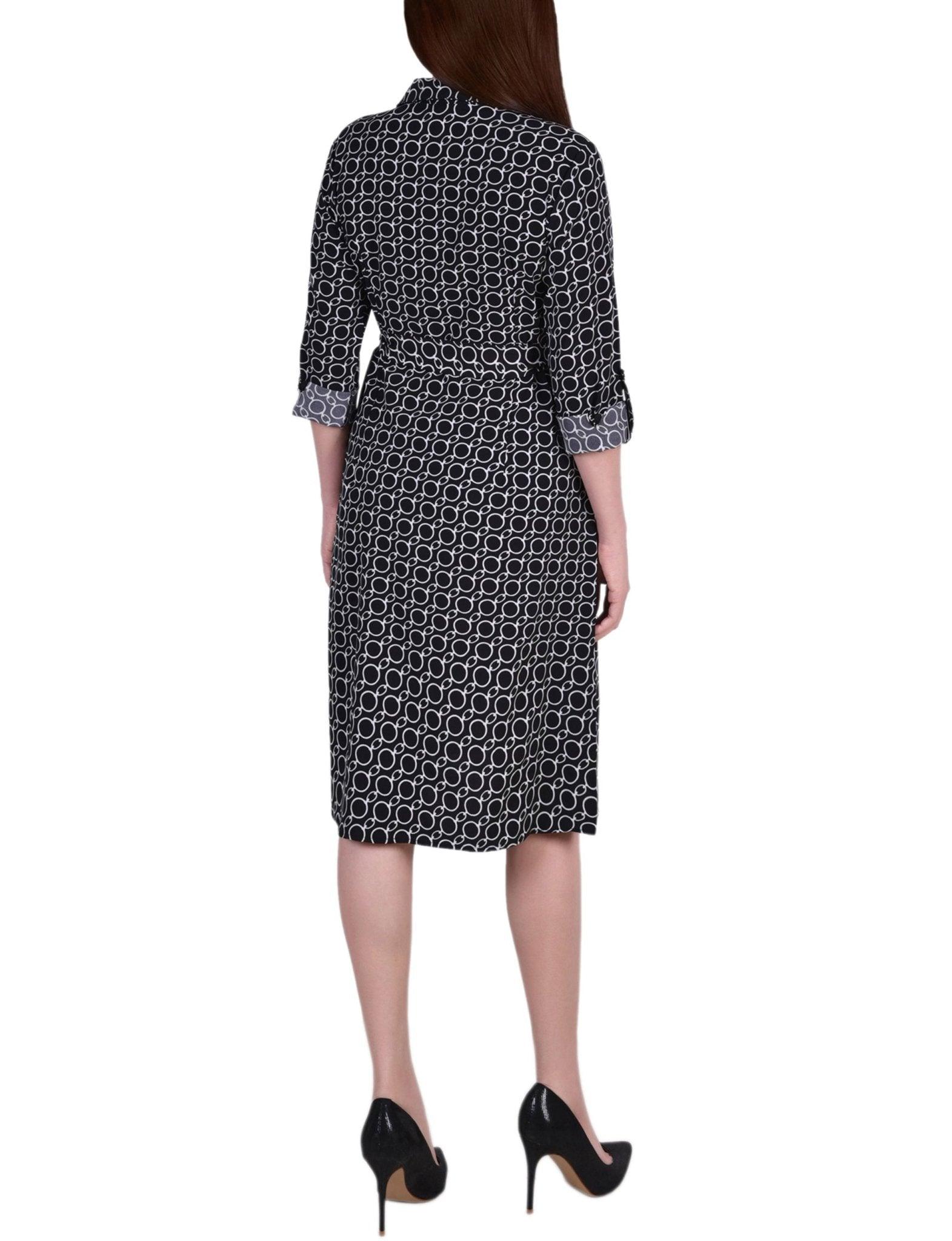 Cypress Inca Gold Navy Zigzag 3/4 Roll Tab Sleeve Belted Shirtdress - Petite Product Image