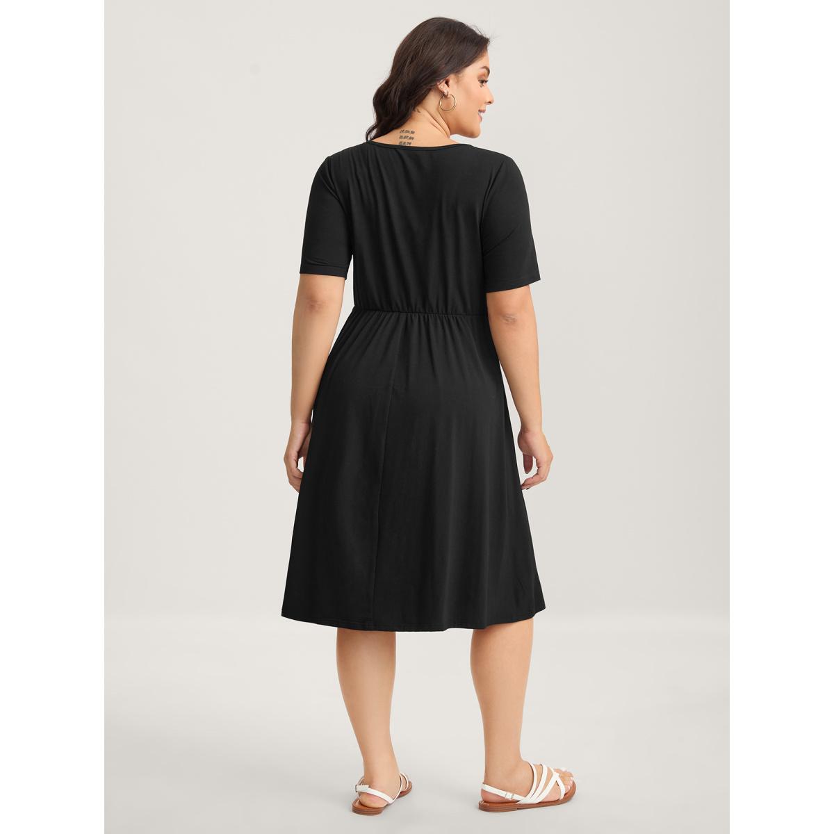 Plus Size Overlap Bodice Solid Knit Pockets Midi Dress Black Women Leisure Overlap Collar Short sleeve Curvy BloomChic 12/L Product Image
