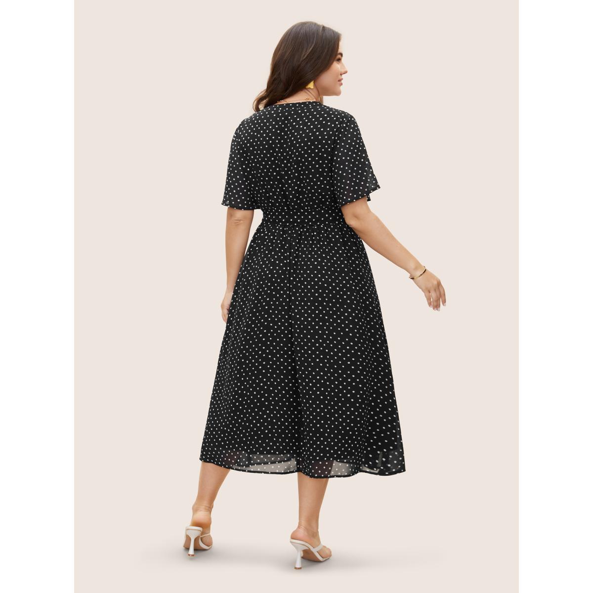 Plus Size Chiffon Polka Dot Ruffle Sleeve Dress Black Women Elegant See through Flat collar Short sleeve Curvy BloomChic 30/6X Product Image