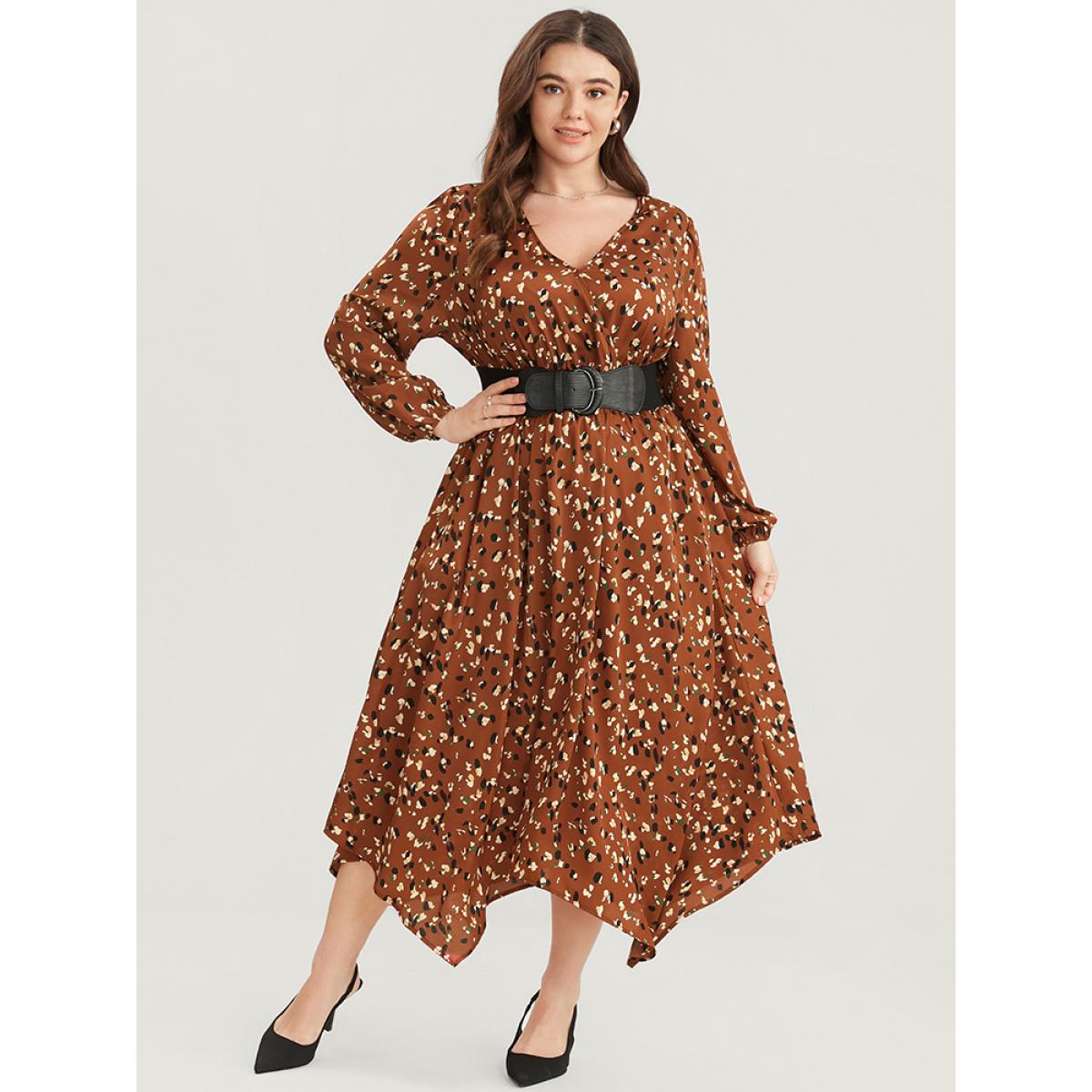 Plus Size Allover Print Shirred Pocket Surplice Neck Hanky Hem Dress Chocolate Women Elegant Asymmetrical V-neck Long Sleeve Curvy Midi Dress BloomChic 30/6X Product Image