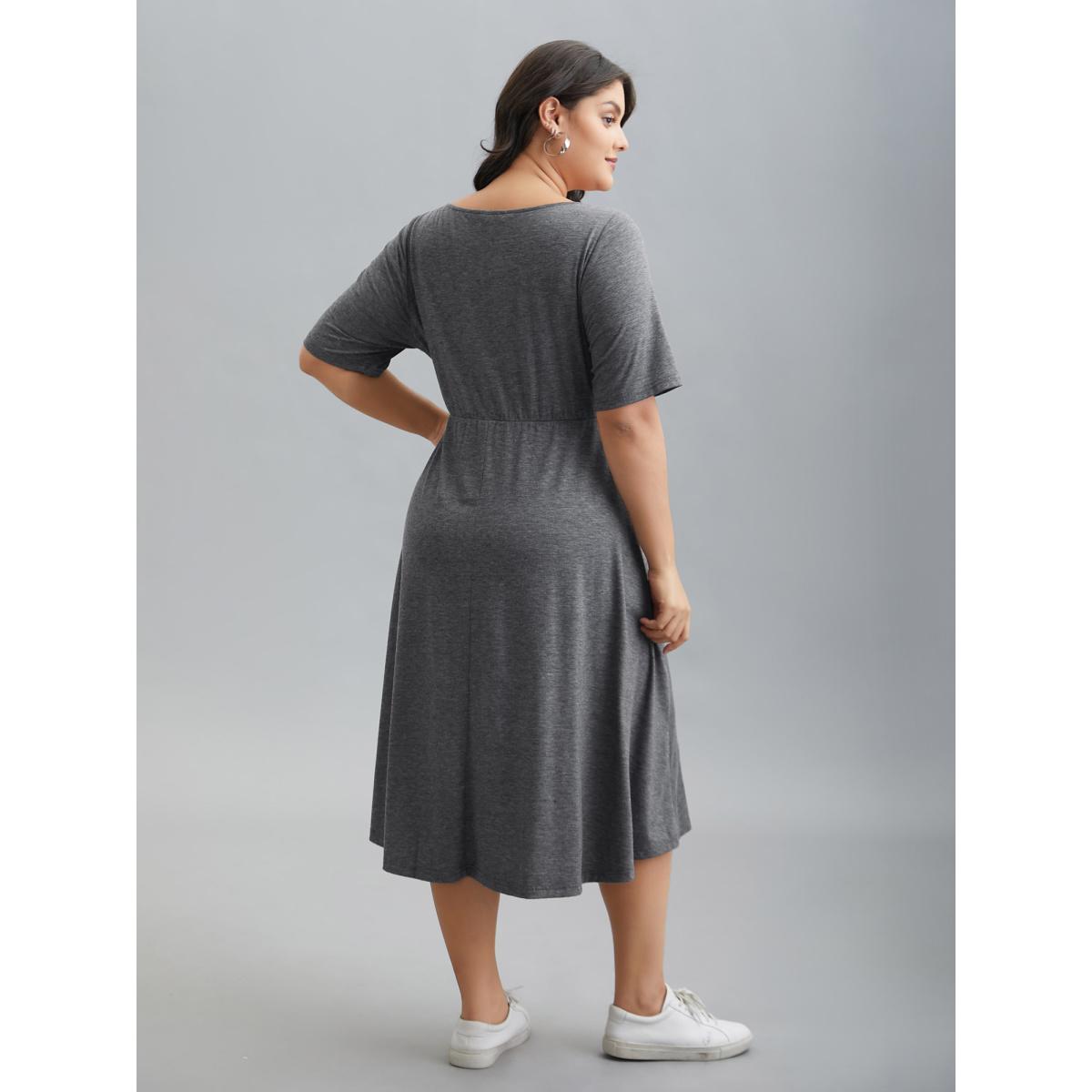 Plus Size Gathered Button Detail Plain Knit Dress DimGray Women Casual Gathered Knit Dresses Bloomchic 26/4X Product Image