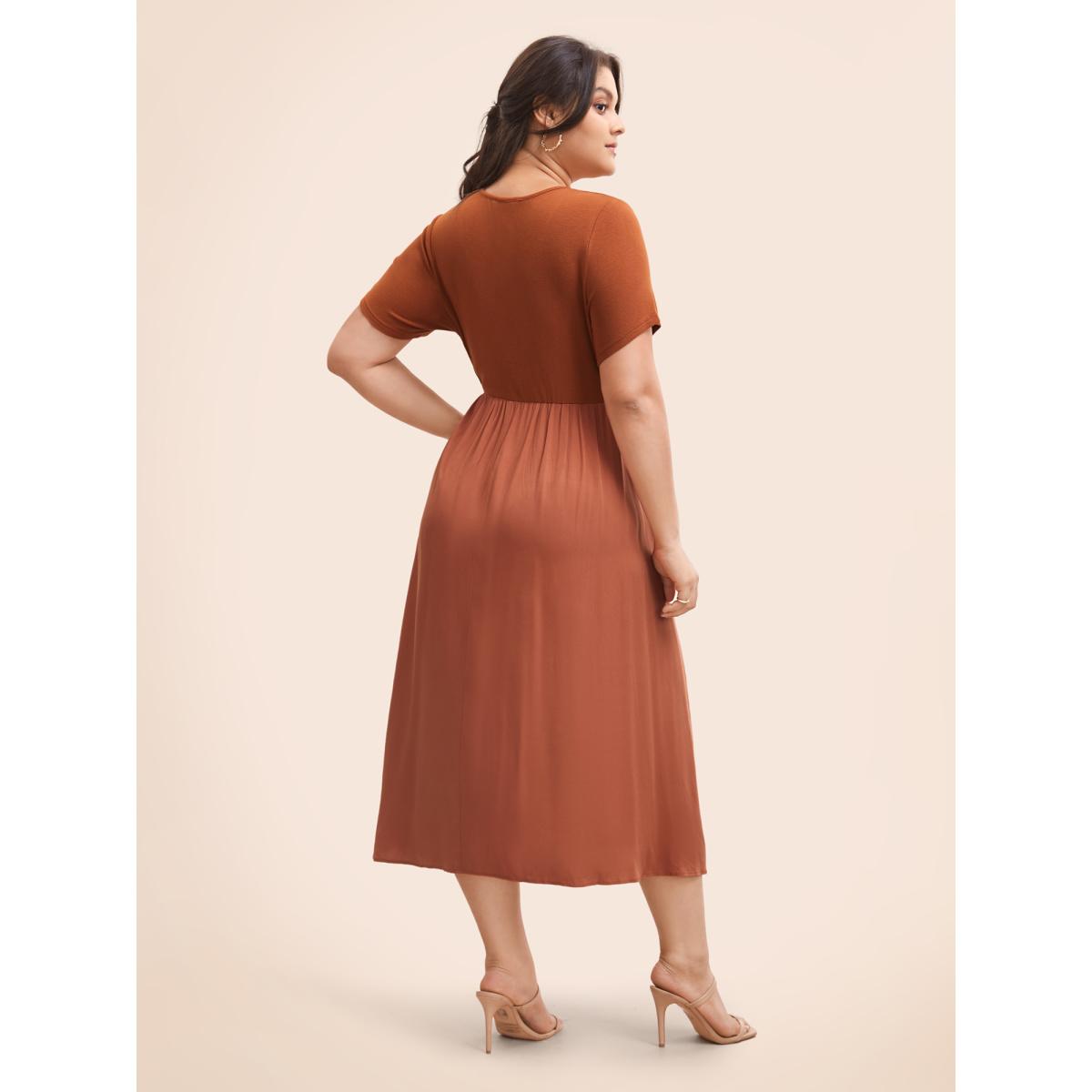 Plus Size U Neck Patchwork Midi Dress Maroon Women Elegant Patchwork U-neck Short sleeve Curvy BloomChic 18-20/2X Product Image