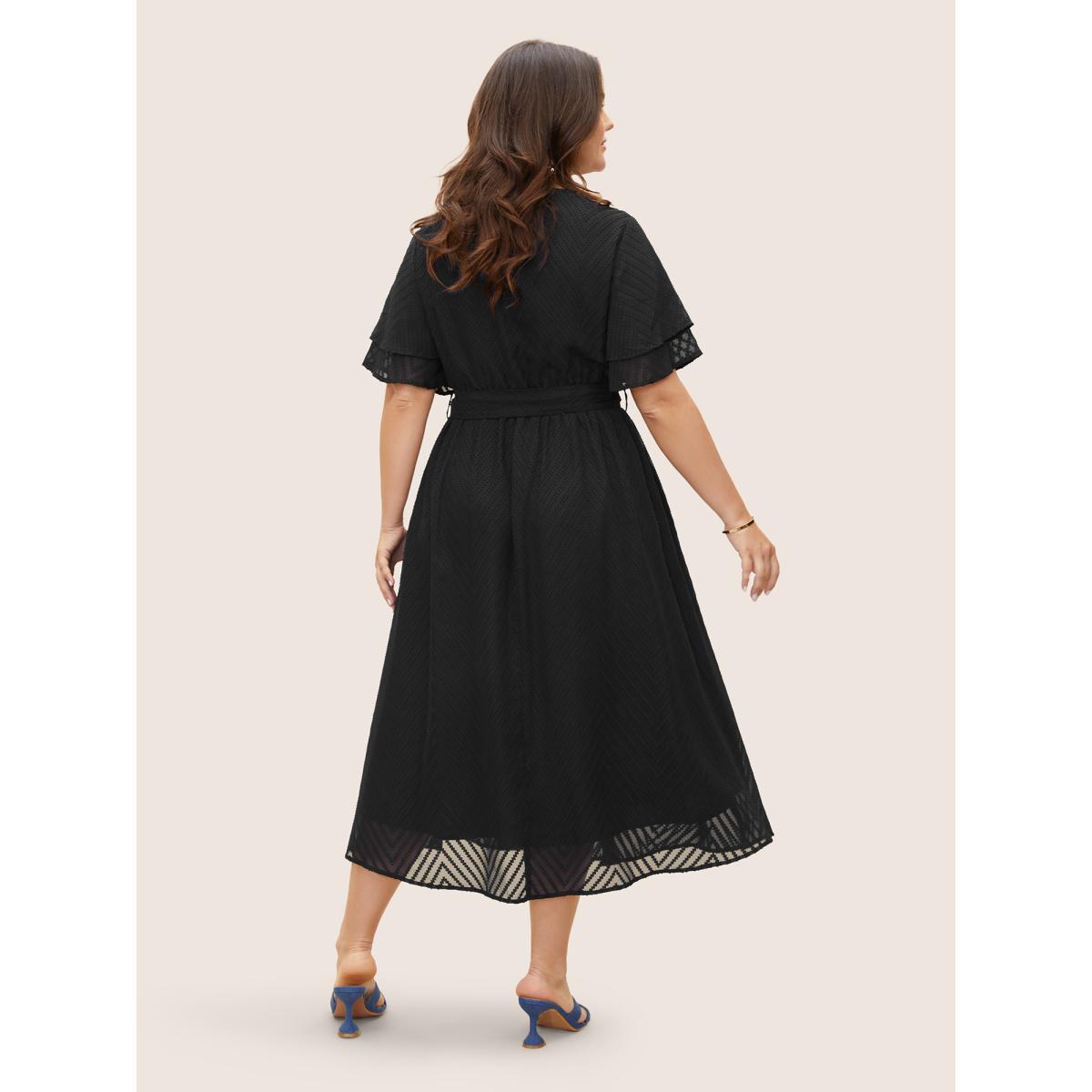 Plus Size Texture Tiered Ruffle Sleeve See Through Dress Black Women Elegant Texture V-neck Half Sleeve Curvy BloomChic 14-16/1X Product Image