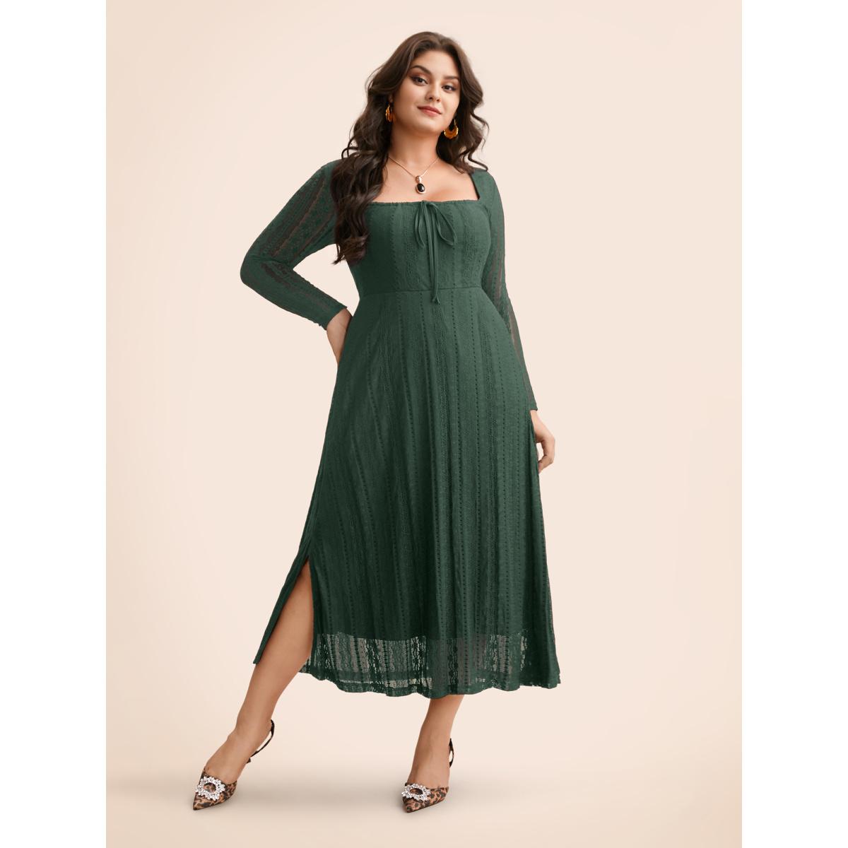 Plus Size Lace Panel Square Neck Tie Knot Dress Deeppurplered Women Elegant Tie knot Square Neck Long Sleeve Curvy BloomChic 30/6X Product Image