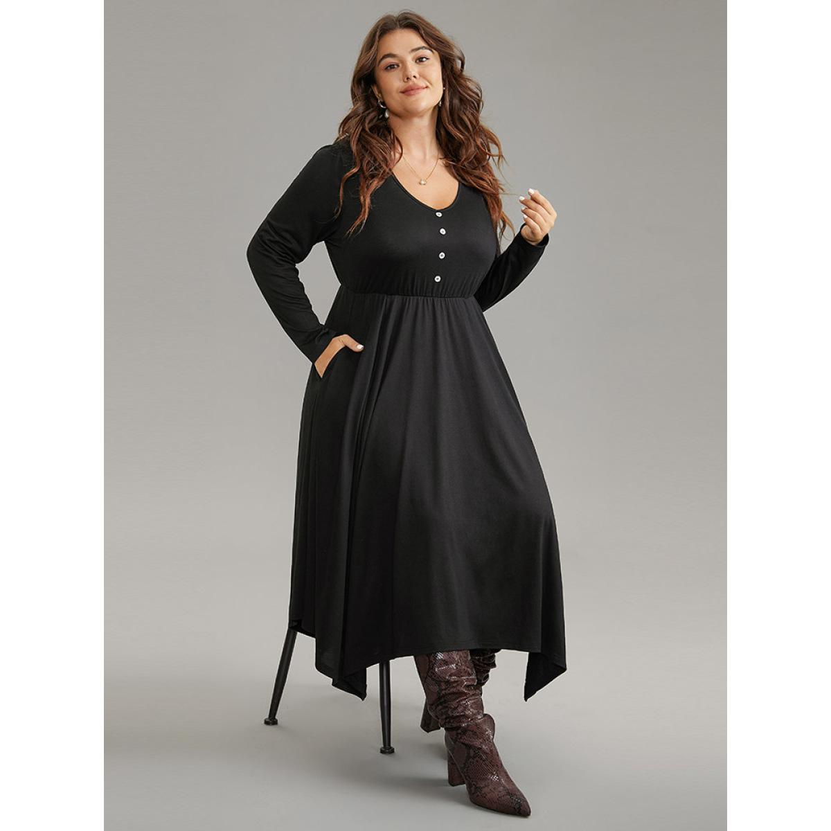 Plus Size Supersoft Essentials Button Detail Hanky Hem Scoop Neck Dress Black Women Office Gathered Scoop Neck Long Sleeve Curvy Midi Dress BloomChic 12/L Product Image