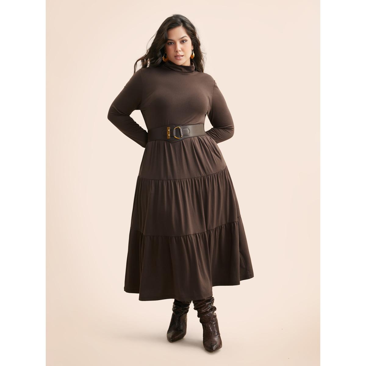 Plus Size Supersoft Essentials Funnel Neck Tiered Midi Dress DarkBrown Women Casual Ruffles Mock Neck Long Sleeve Curvy BloomChic 28/5X Product Image