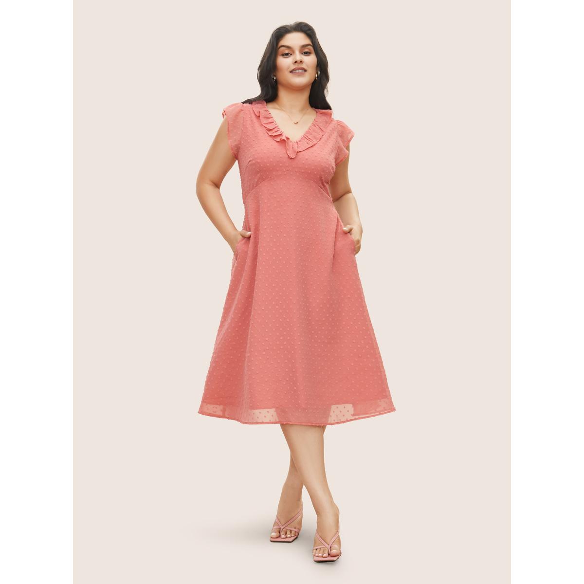 Plus Size Chiffon Plisse Ruffle Cap Sleeve Dress Watermelon Women Elegant Texture V-neck Cap Sleeve Curvy Midi Dress BloomChic 28/5X Product Image