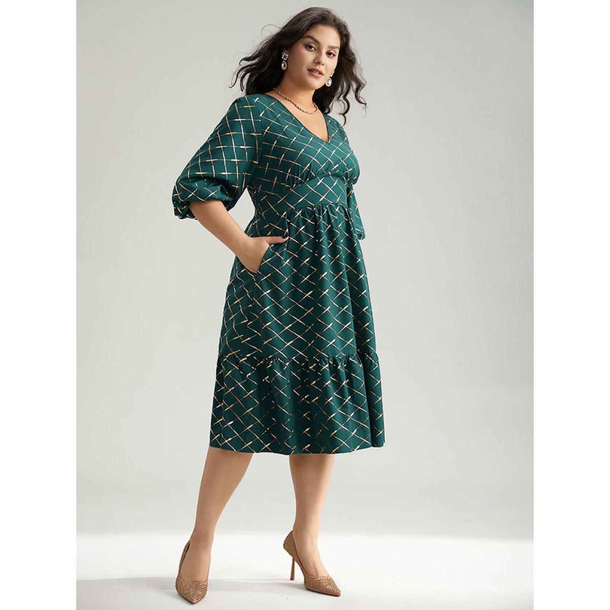 Plus Size Glitter Plaid Lantern Sleeve Ruffle Hem Dress DarkGreen Women Party Elastic cuffs V-neck Elbow-length sleeve Curvy Midi Dress BloomChic 10/M Product Image