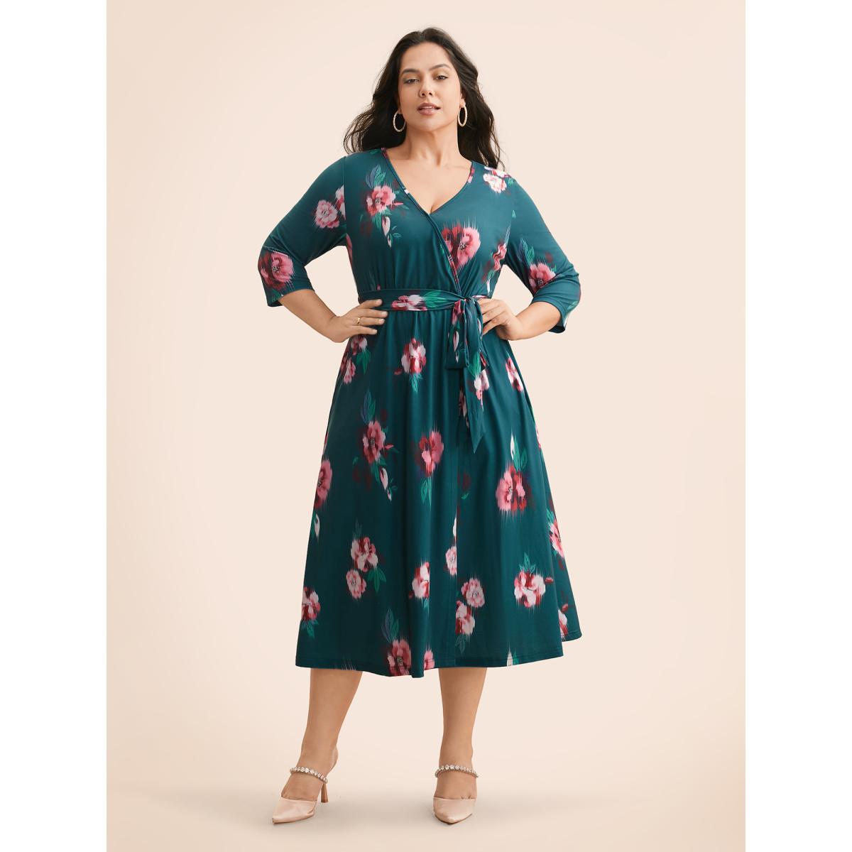 Plus Size Overlap Collar Floral Midi Dress Emerald Women Elegant Belted Overlap Collar Elbow-length sleeve Curvy BloomChic 26/4X Product Image