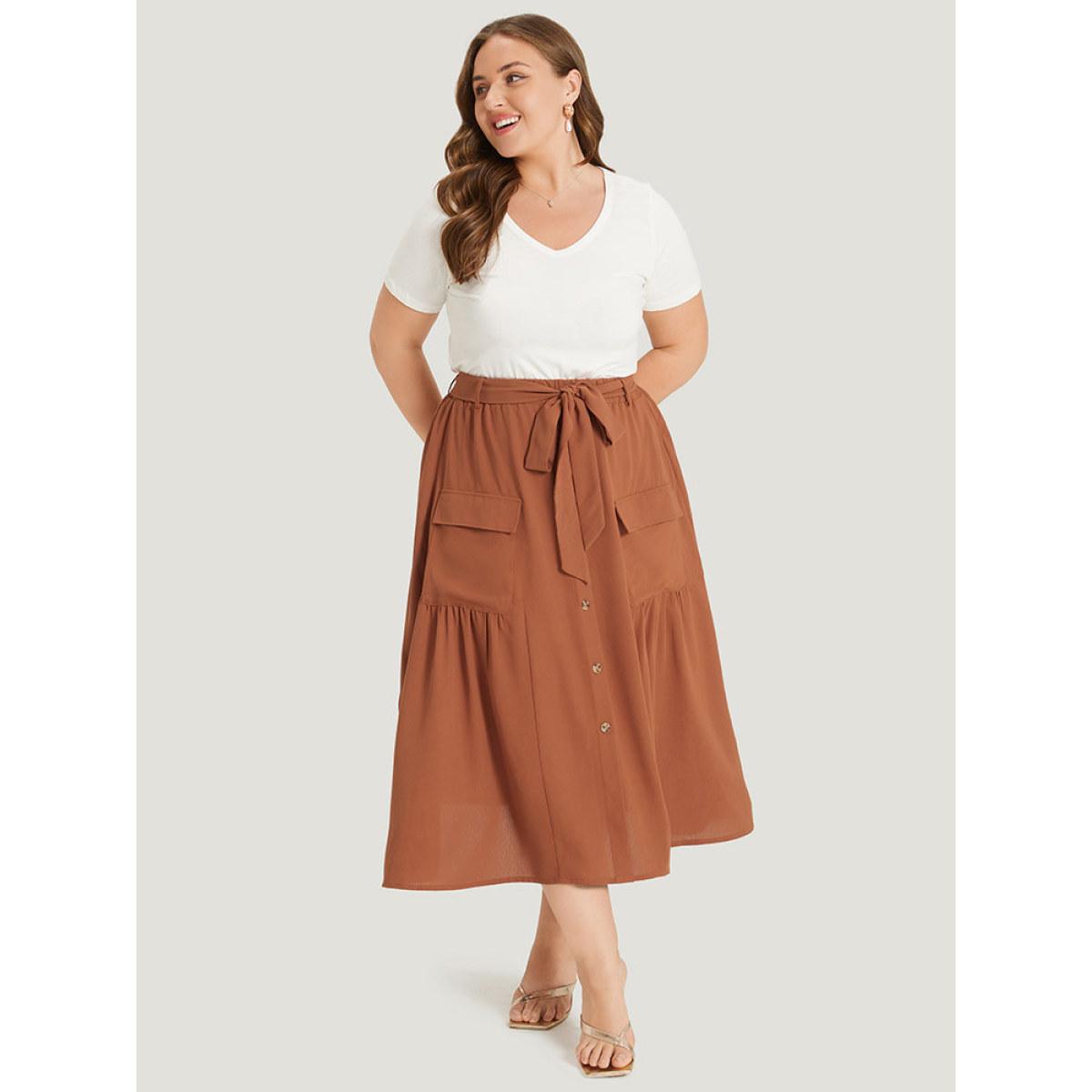 Plus Size Contrast Button Detail Flap Pocket Gathered Skirt Women OrangeRed Elegant Belted No stretch Pocket Dailywear Skirts BloomChic 22-24/3X Product Image