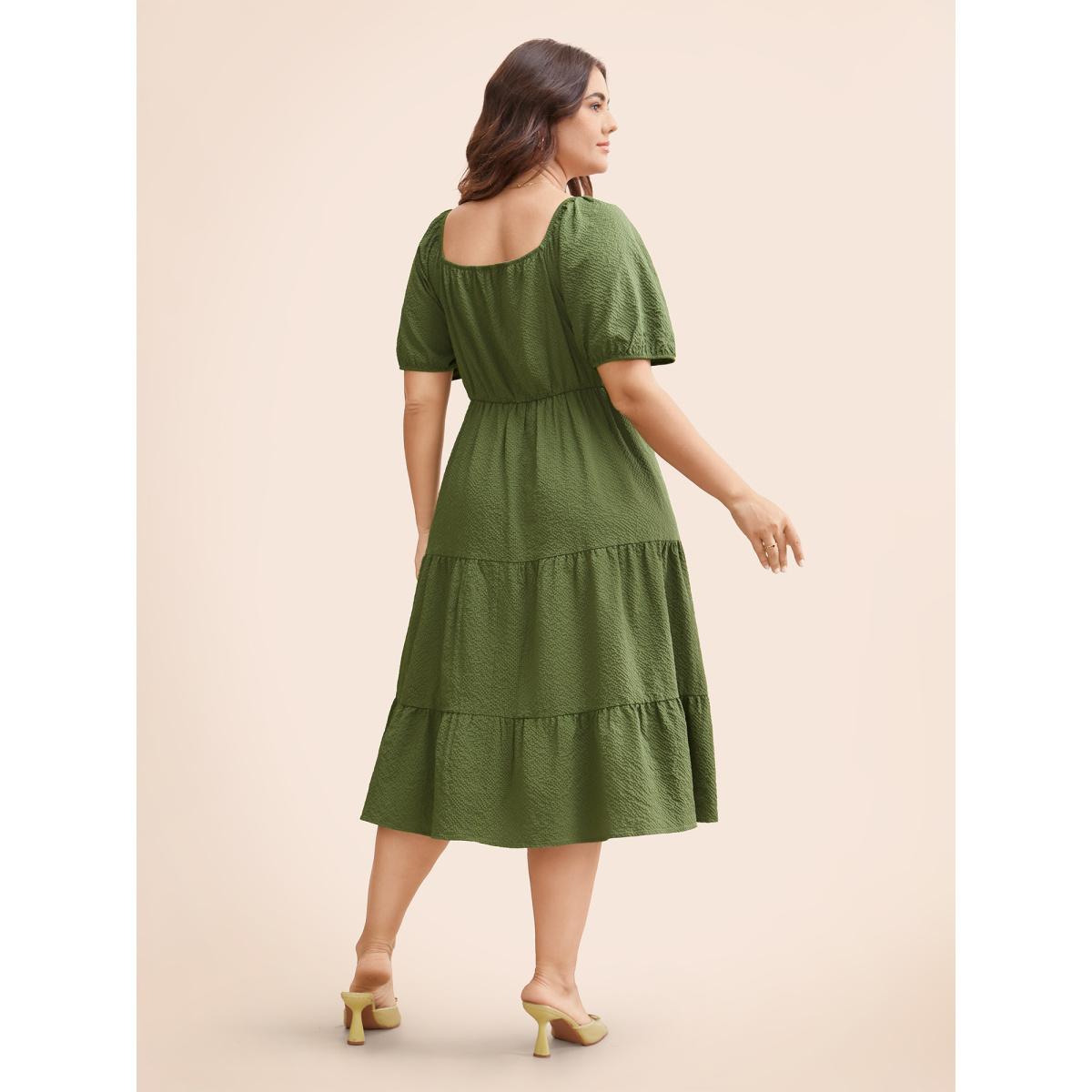 Plus Size Textured Drawstring Ruffle Layered Hem Dress ArmyGreen Women Elegant Texture Heart neckline Short sleeve Curvy BloomChic 22-24/3X Product Image