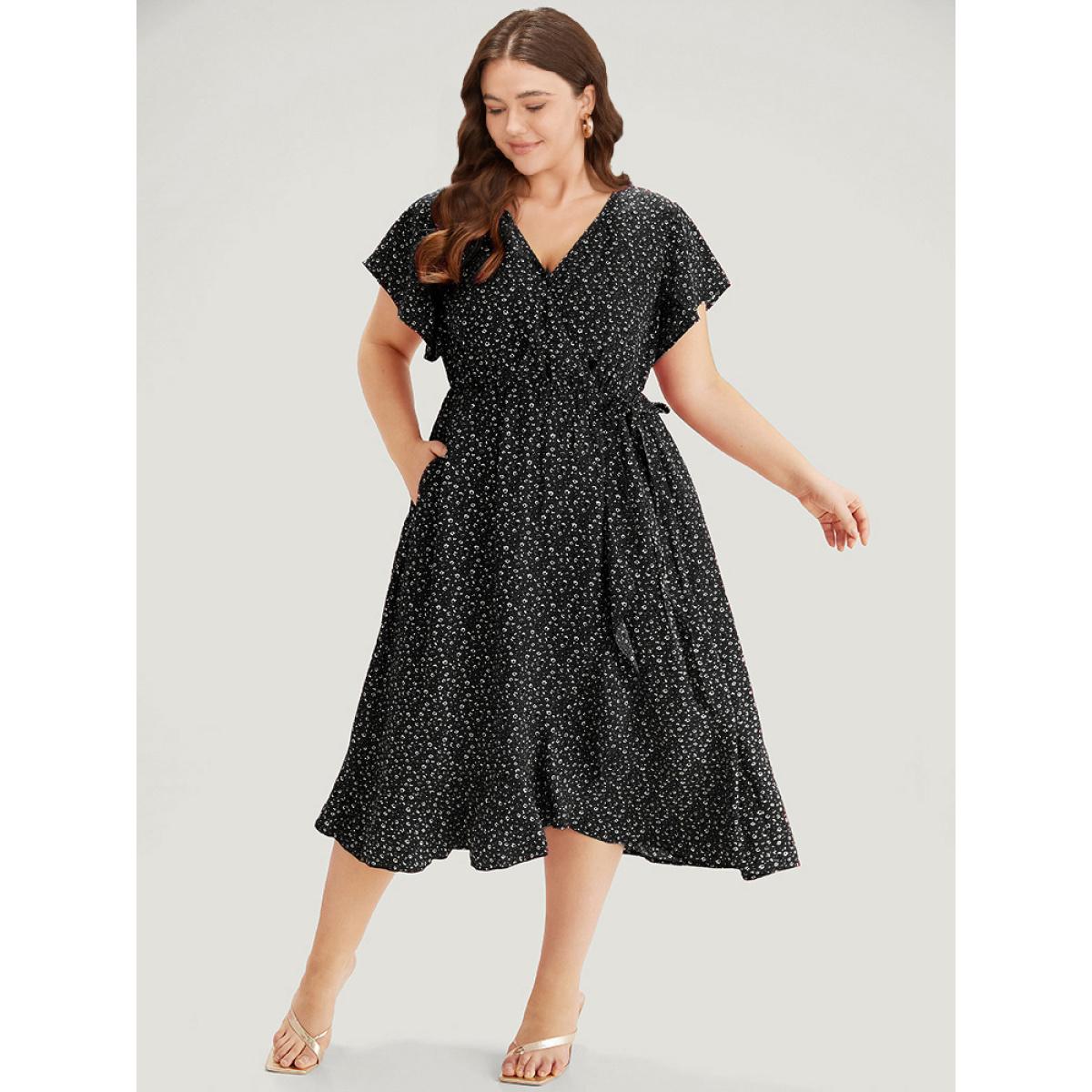 Plus Size Ditsy Floral Overlap Collar Bowknot Flutter Hem Dress Black Women Office Wrap V-neck Short sleeve Curvy Midi Dress BloomChic 28/5X Product Image