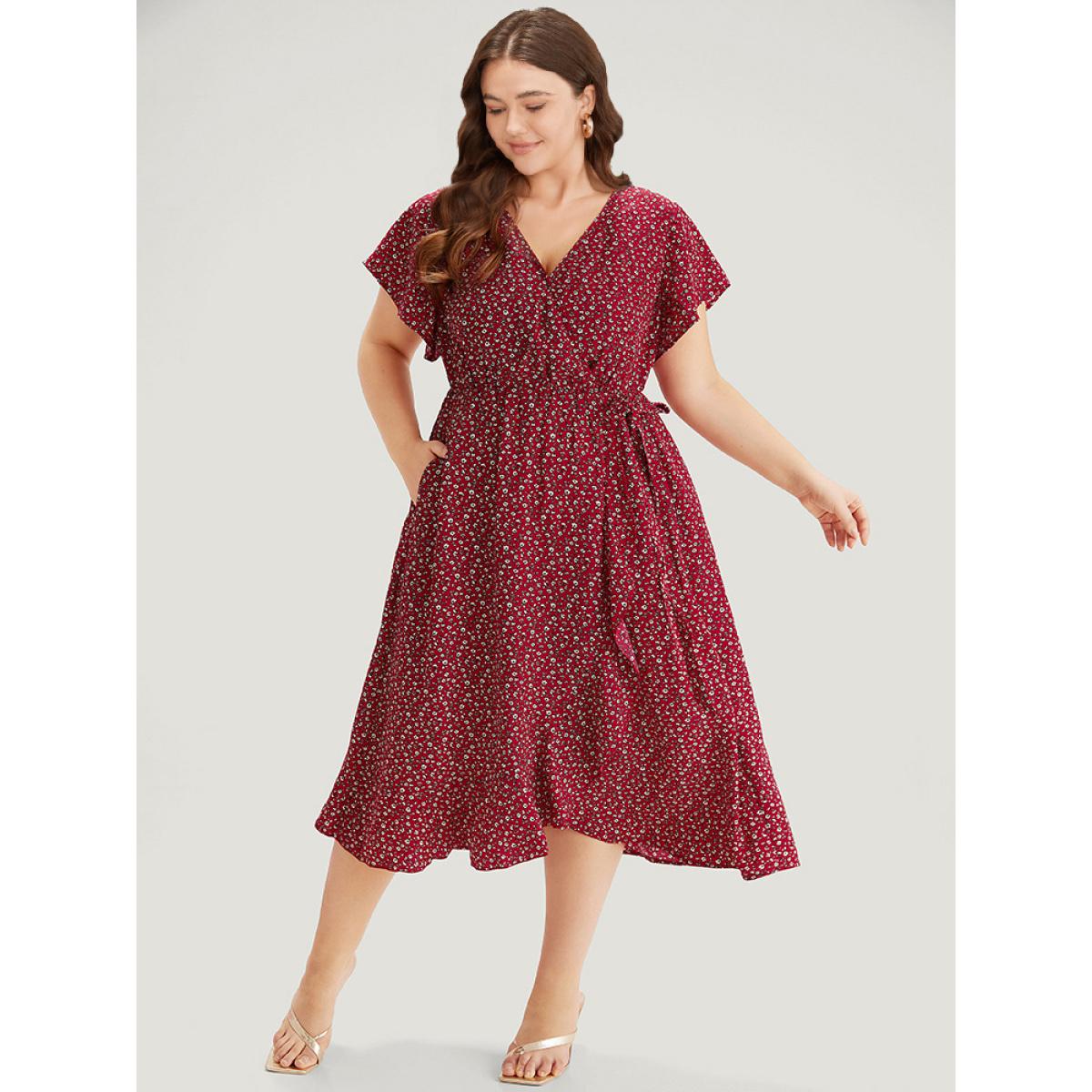 Plus Size Ditsy Floral Overlap Collar Bowknot Flutter Hem Dress Crimson Women Office Wrap V-neck Short sleeve Curvy Midi Dress BloomChic 28/5X Product Image
