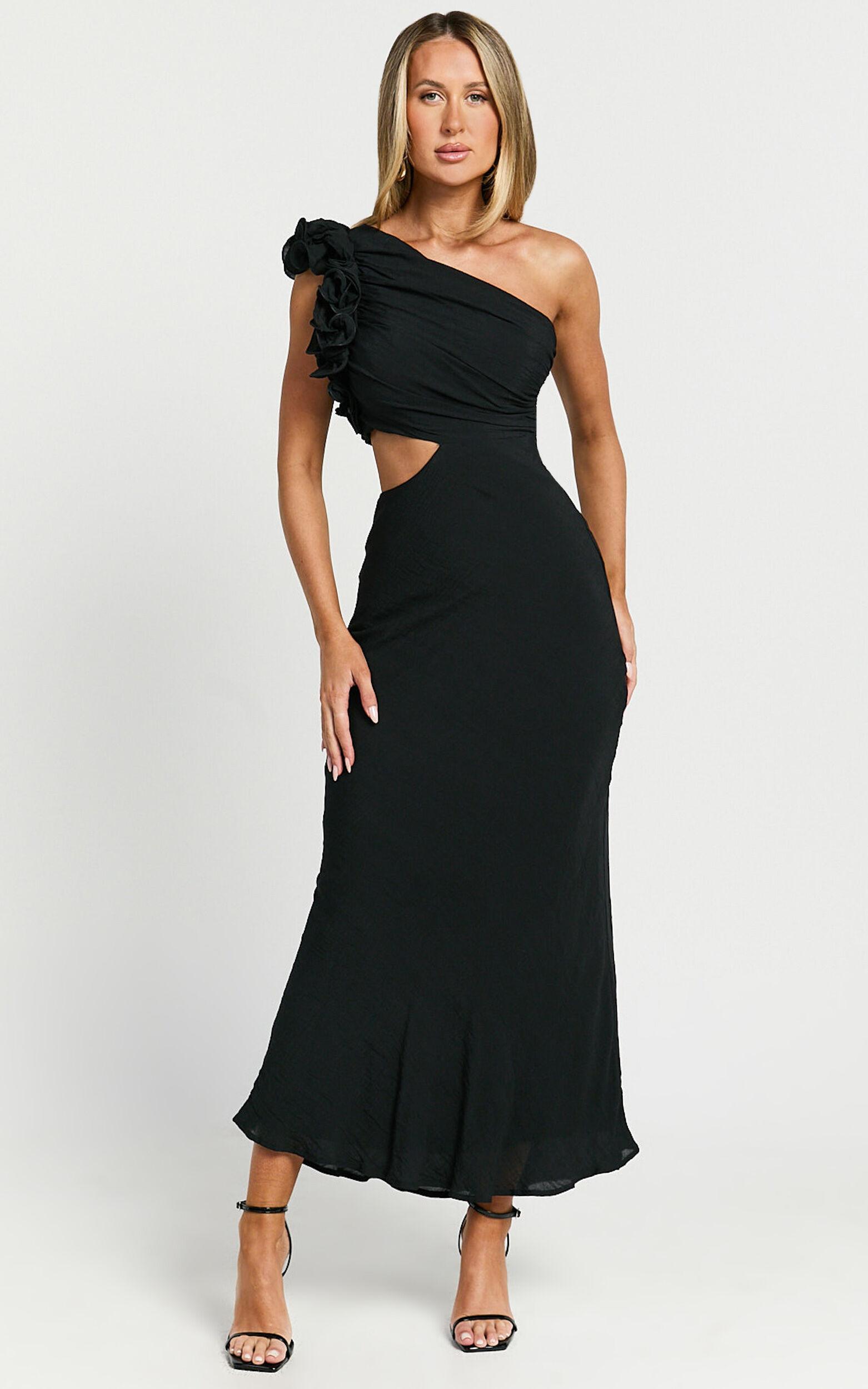 Anessa Midi Dress - One Shoulder Ruffle Detail Side Cut Out Dress in Black Product Image