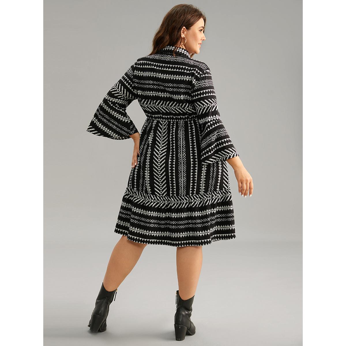 Plus Size Bandana Striped Bell Sleeve Shirt Collar Dress Black Women Casual Printed Shirt collar Elbow-length sleeve Curvy Midi Dress BloomChic 22-24/3X Product Image