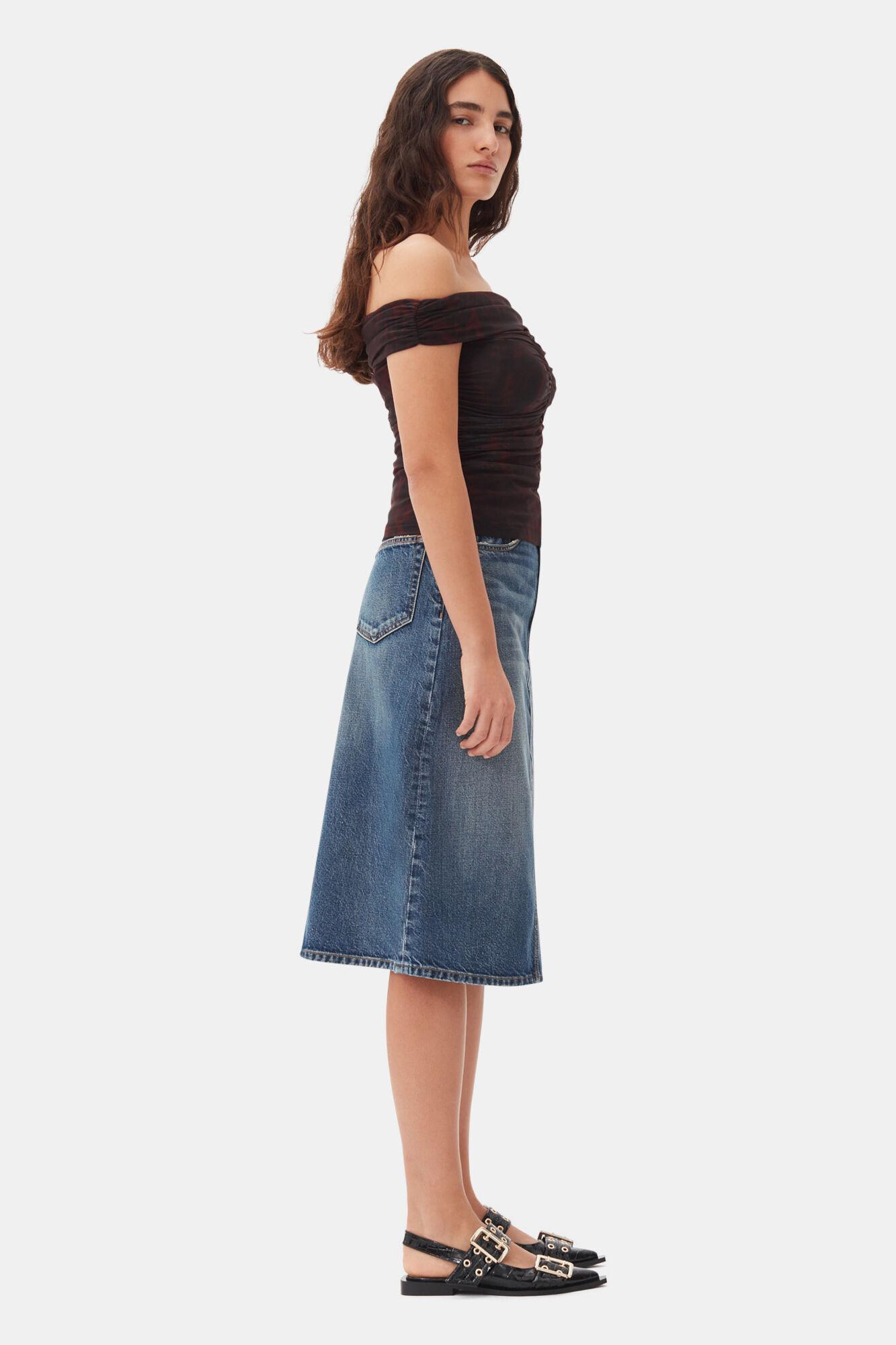 Dark Blue Heavy Washed Denim Midi Skirt Product Image