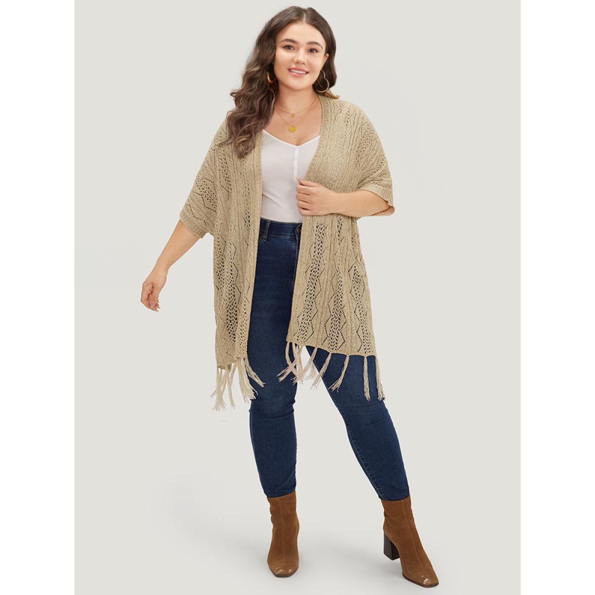 Plus Size Solid Fringe Trim Geometric Eyelet Batwing Sleeve Cardigan Tan Women Casual Loose Long Sleeve Dailywear Cardigans BloomChic 22-24/3X Product Image
