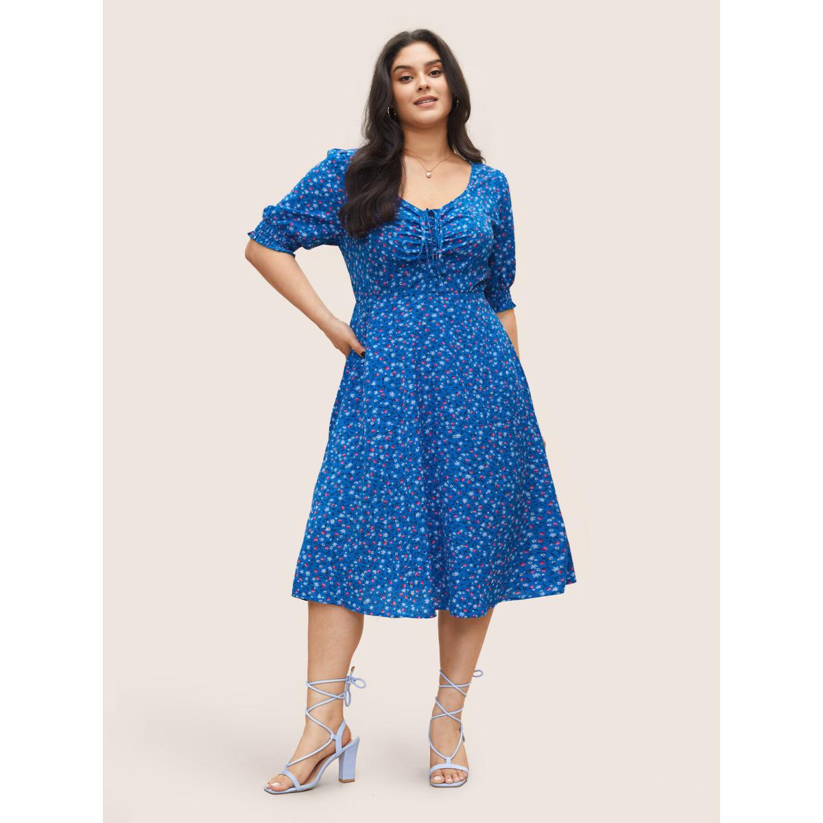 Plus Size Ditsy Floral Drawstring Shirred Cuffs Dress Blue Women Timeless Non Square Neck Half Sleeve Curvy Midi Dress BloomChic 18-20/2X Product Image