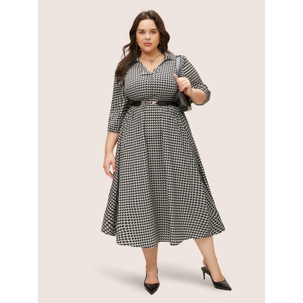 Plus Size Geometric Colorblock Lapel Collar Elastic Waist Dress Black Women At the Office Non Lapel Collar Elbow-length sleeve Curvy Midi Dress BloomChic 14-16/1X Product Image