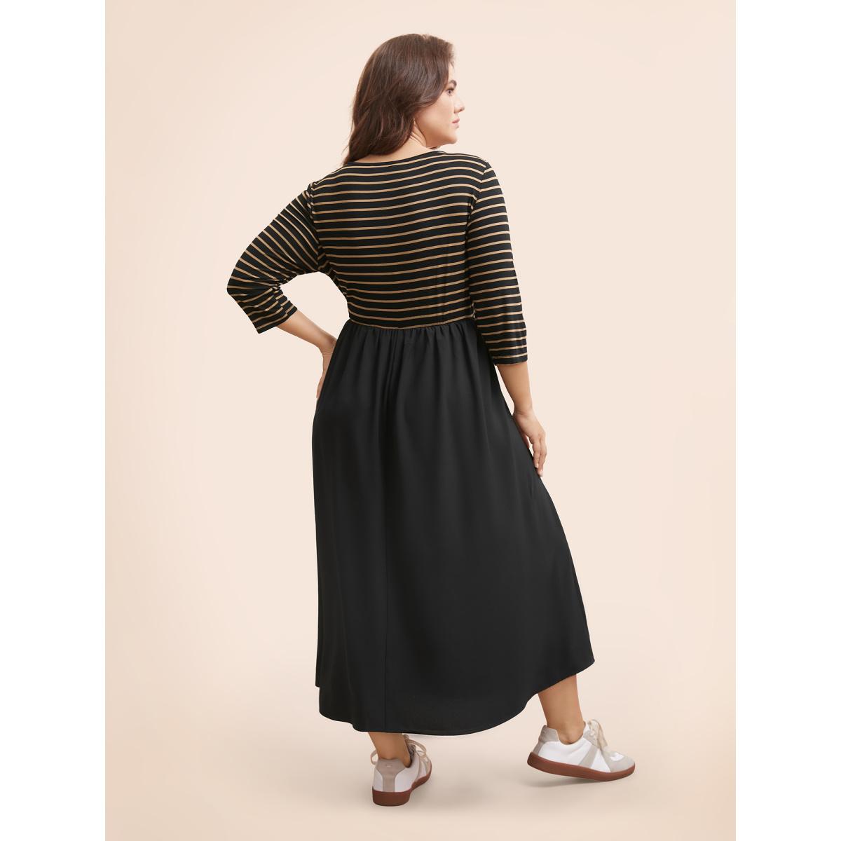 Plus Size Square Neck Striped Patchwork Midi Dress Black Women Casual Patchwork Round Neck Elbow-length sleeve Curvy BloomChic 12/L Product Image
