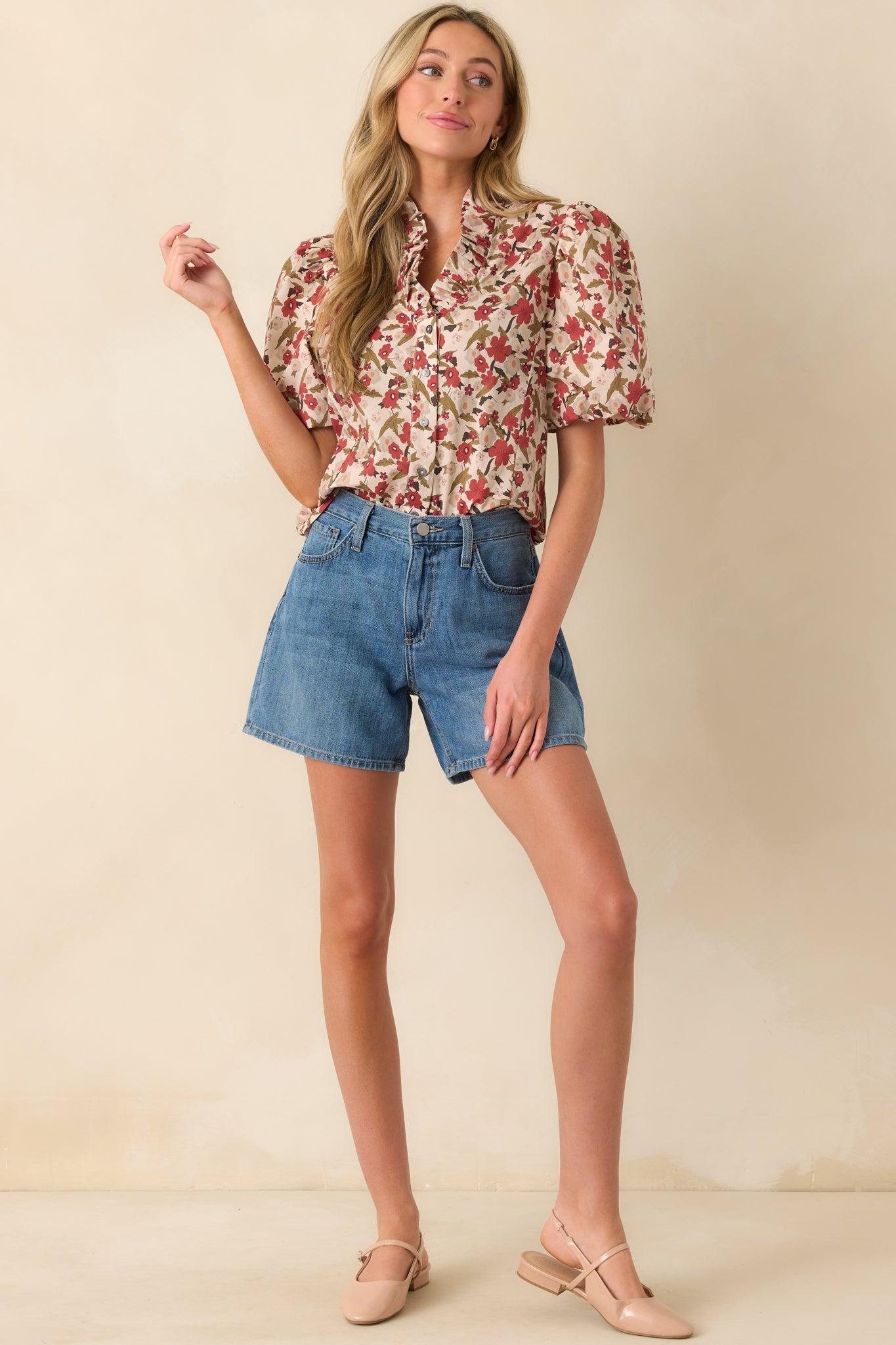 When You Know Red Multi Floral Print Cotton Puff Sleeve Top Product Image